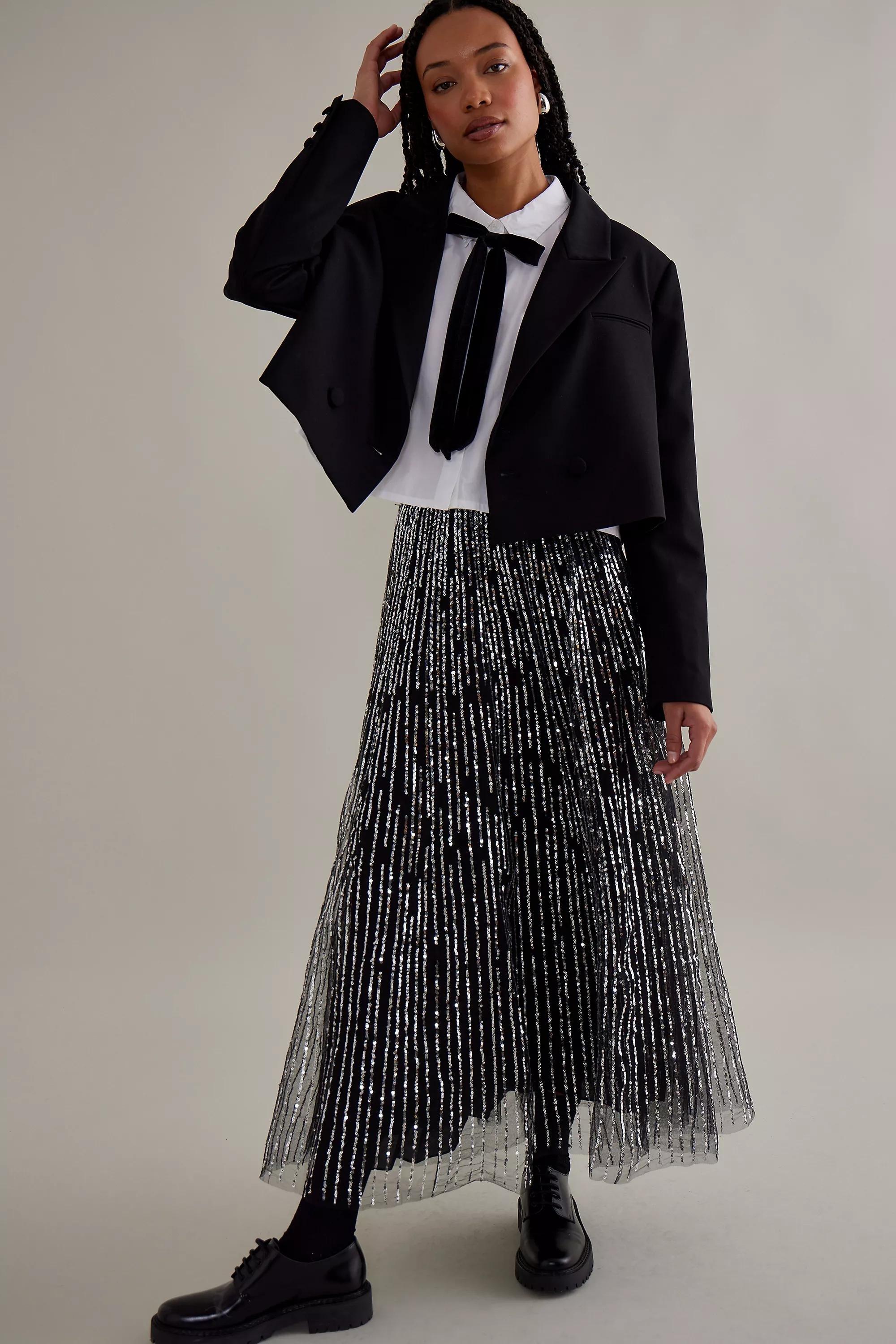 Motif Sequin Stripe Tulle Maxi Skirt, Black, , large image number 2