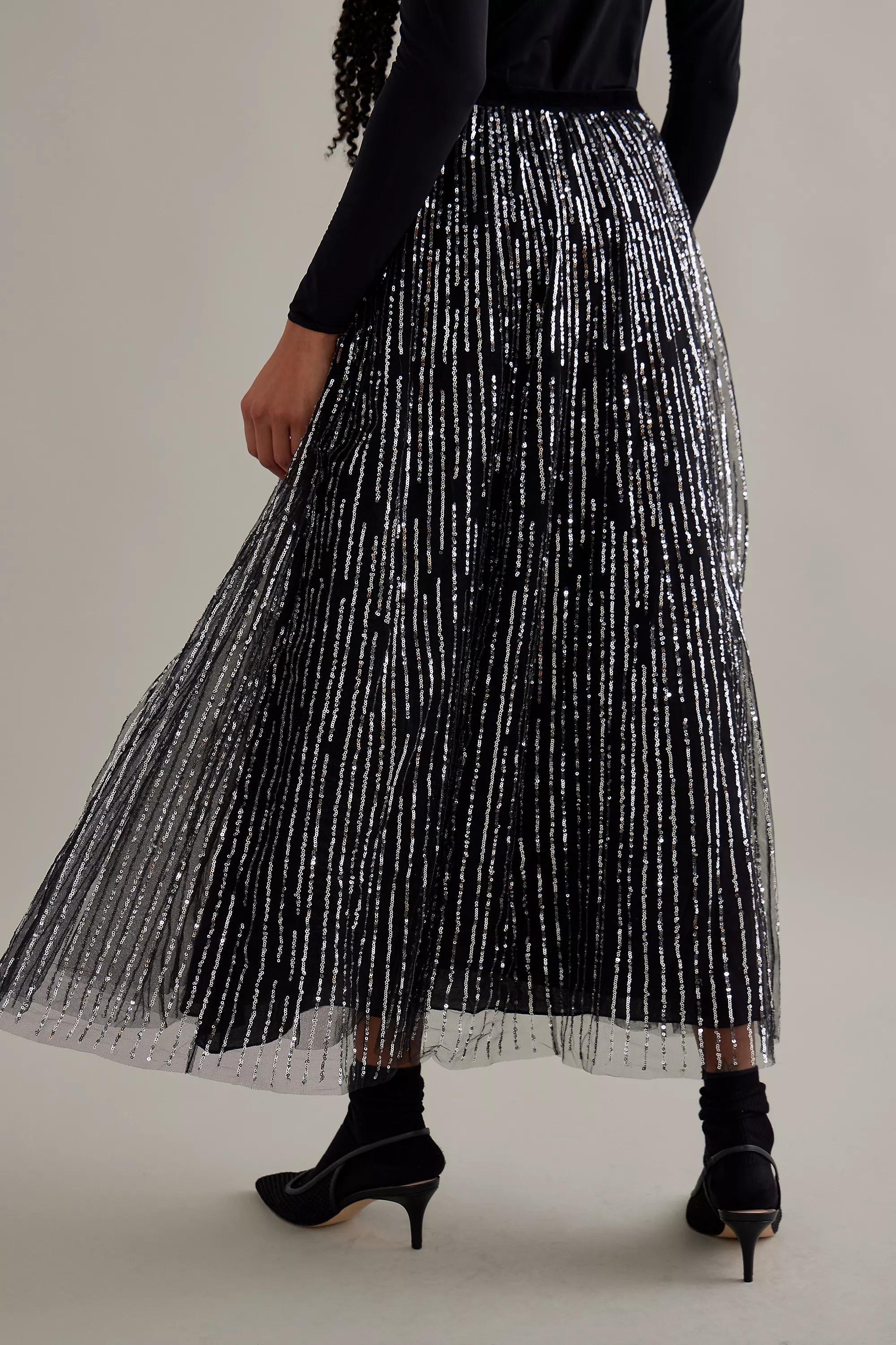 Motif Sequin Stripe Tulle Maxi Skirt, Black, , large image number 3