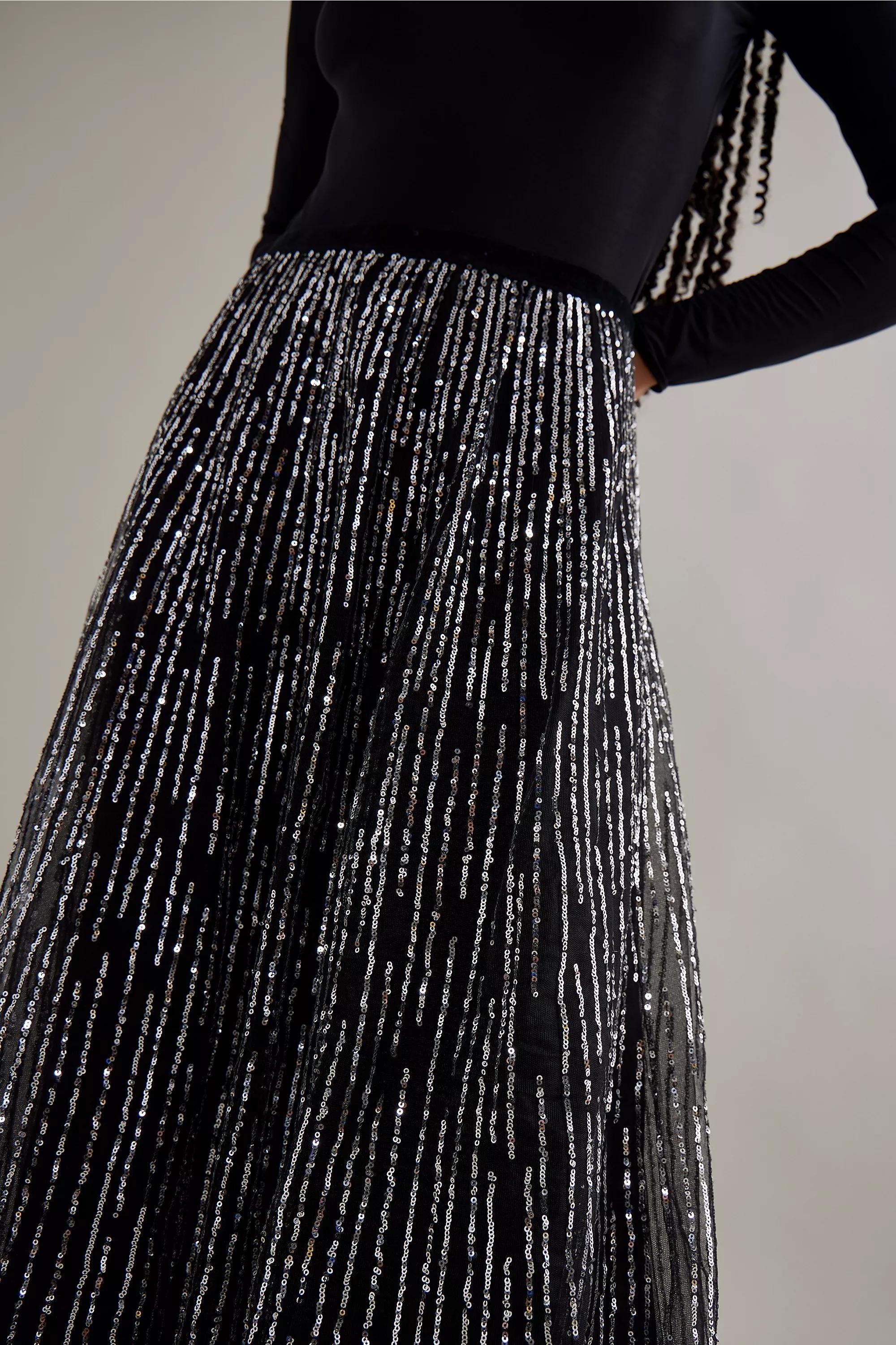 Motif Sequin Stripe Tulle Maxi Skirt, Black, , large image number 4