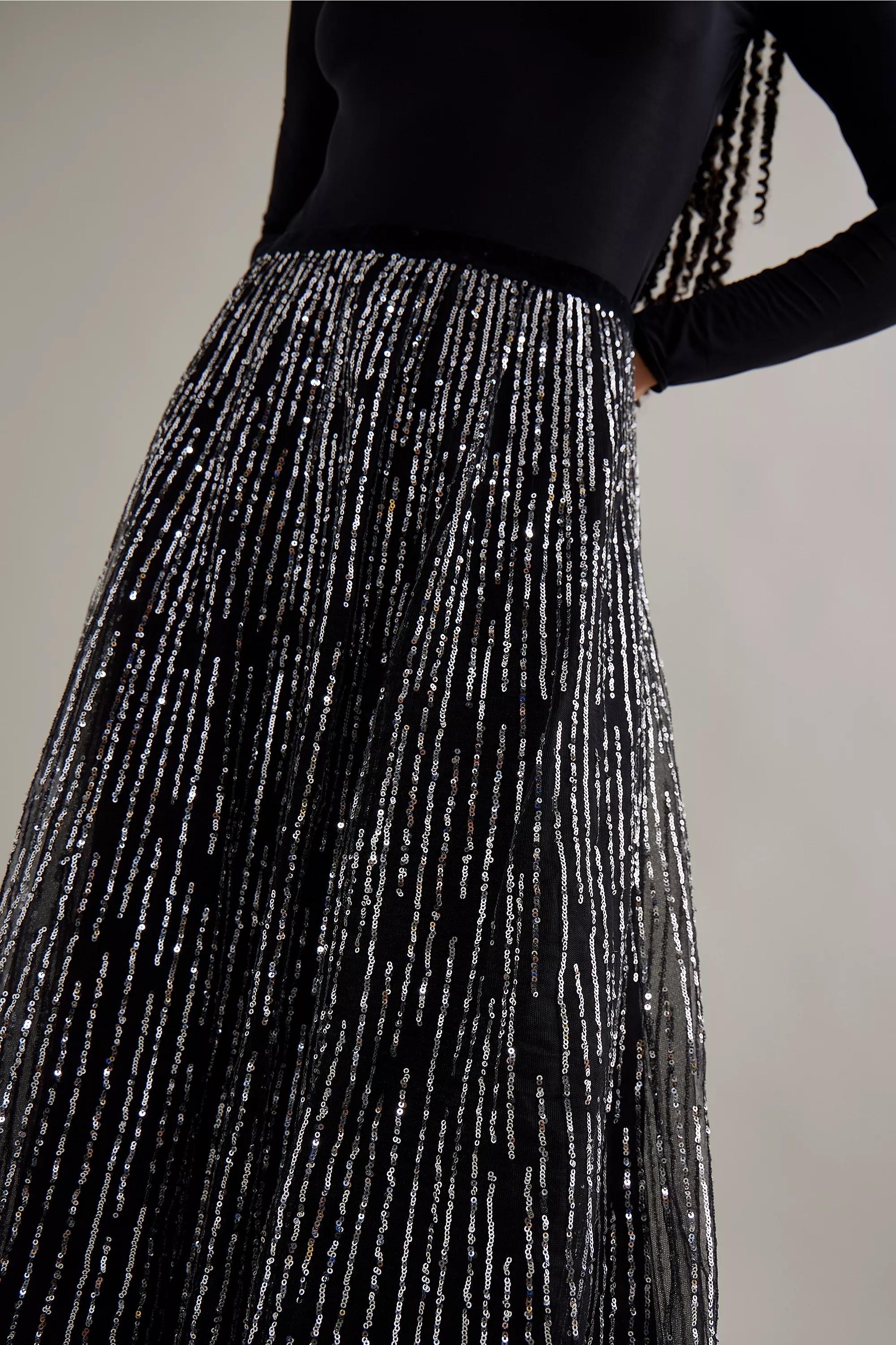 Anthropologie - Motif Sequin Stripe Tulle Maxi Skirt, Black