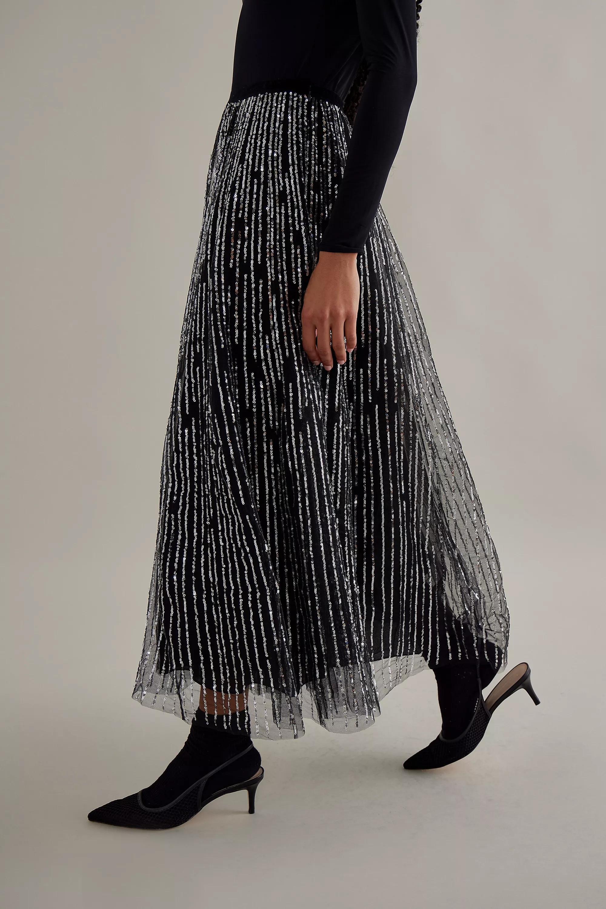 Motif Sequin Stripe Tulle Maxi Skirt, Black, , large image number 5