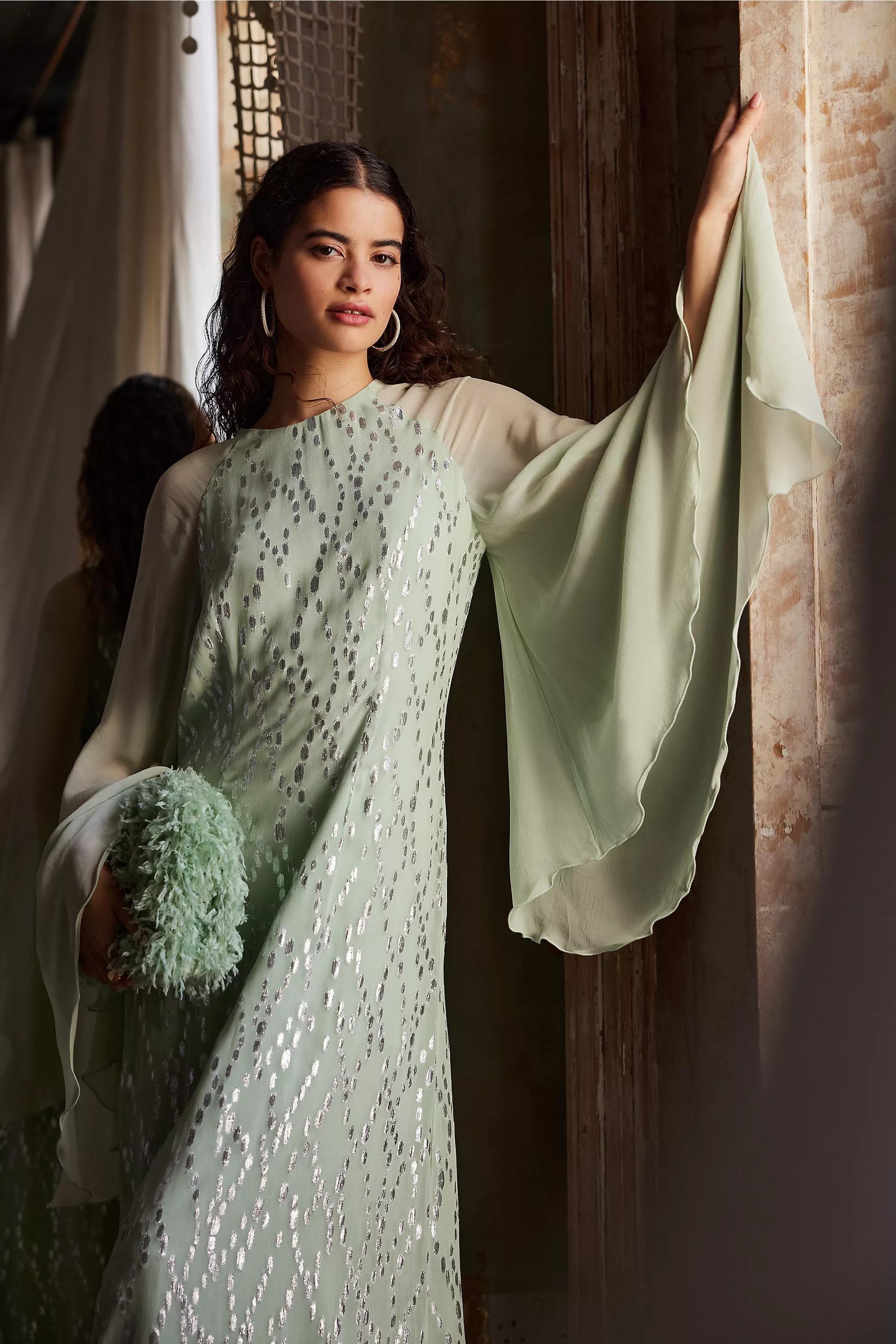 Payal Jain Jacquard Batwing Sleeve Mini Dress, Green, , large image number 0