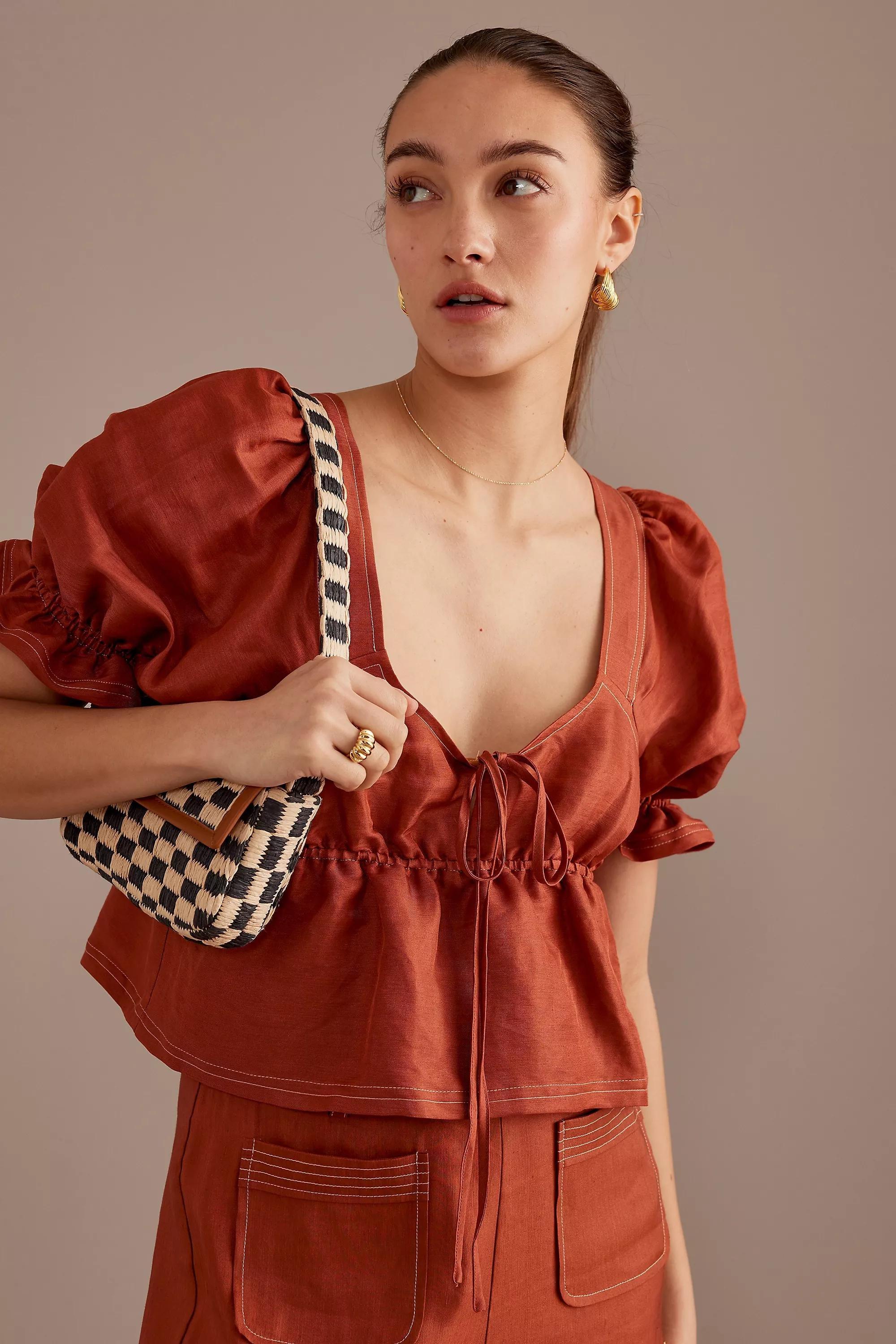 Sancia Lillian Puff-Sleeve Tie-Front Top, Orange, , large image number 0