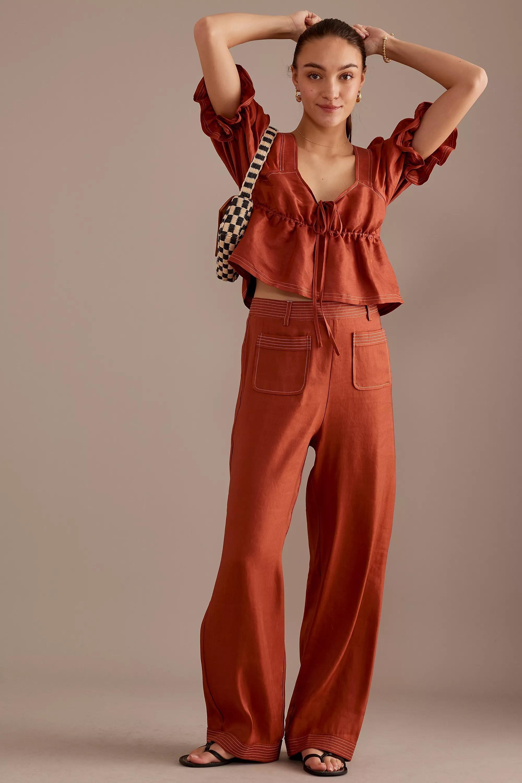 Sancia Lillian Puff-Sleeve Tie-Front Top, Orange, , large image number 1