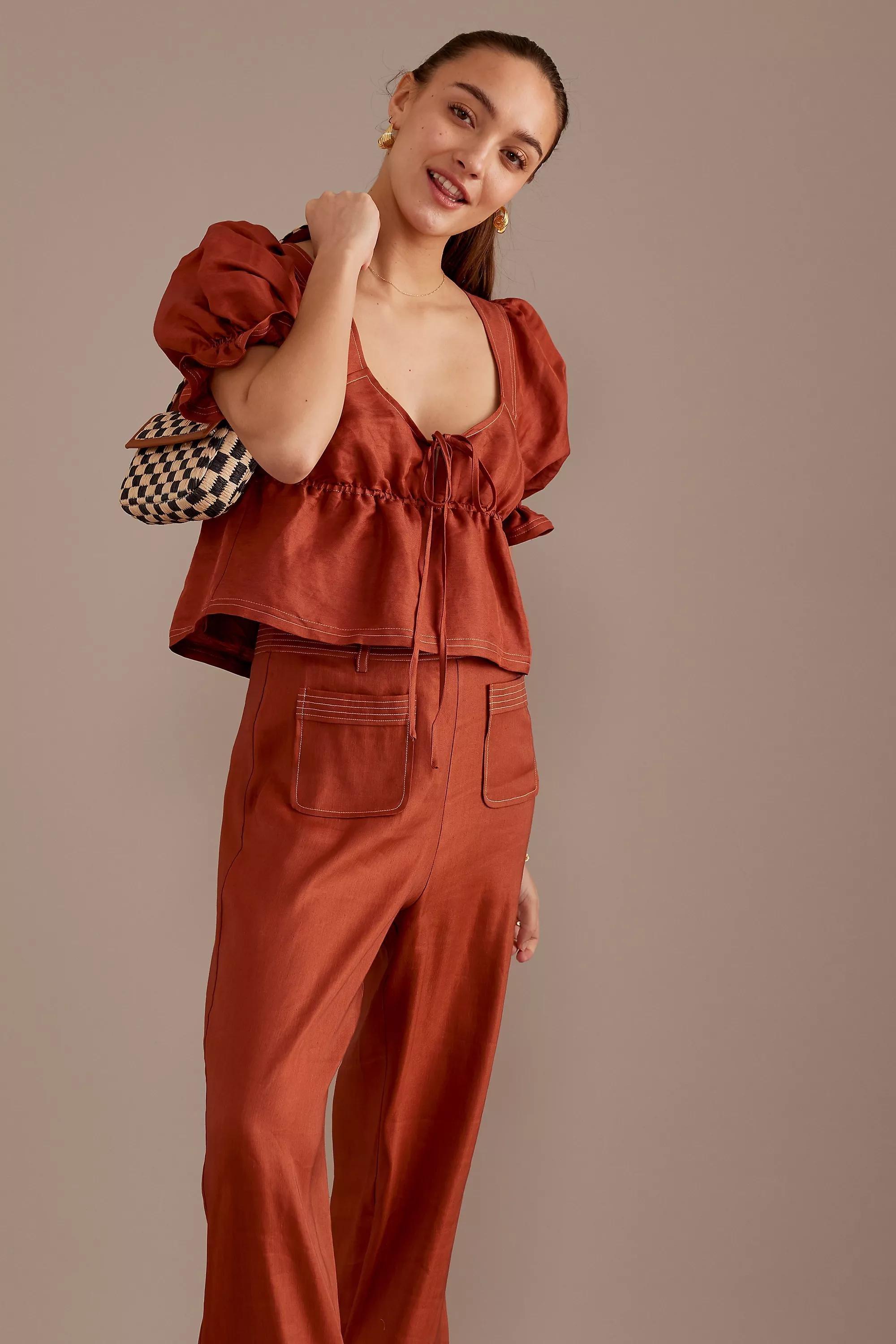 Sancia Lillian Puff-Sleeve Tie-Front Top, Orange, , large image number 3