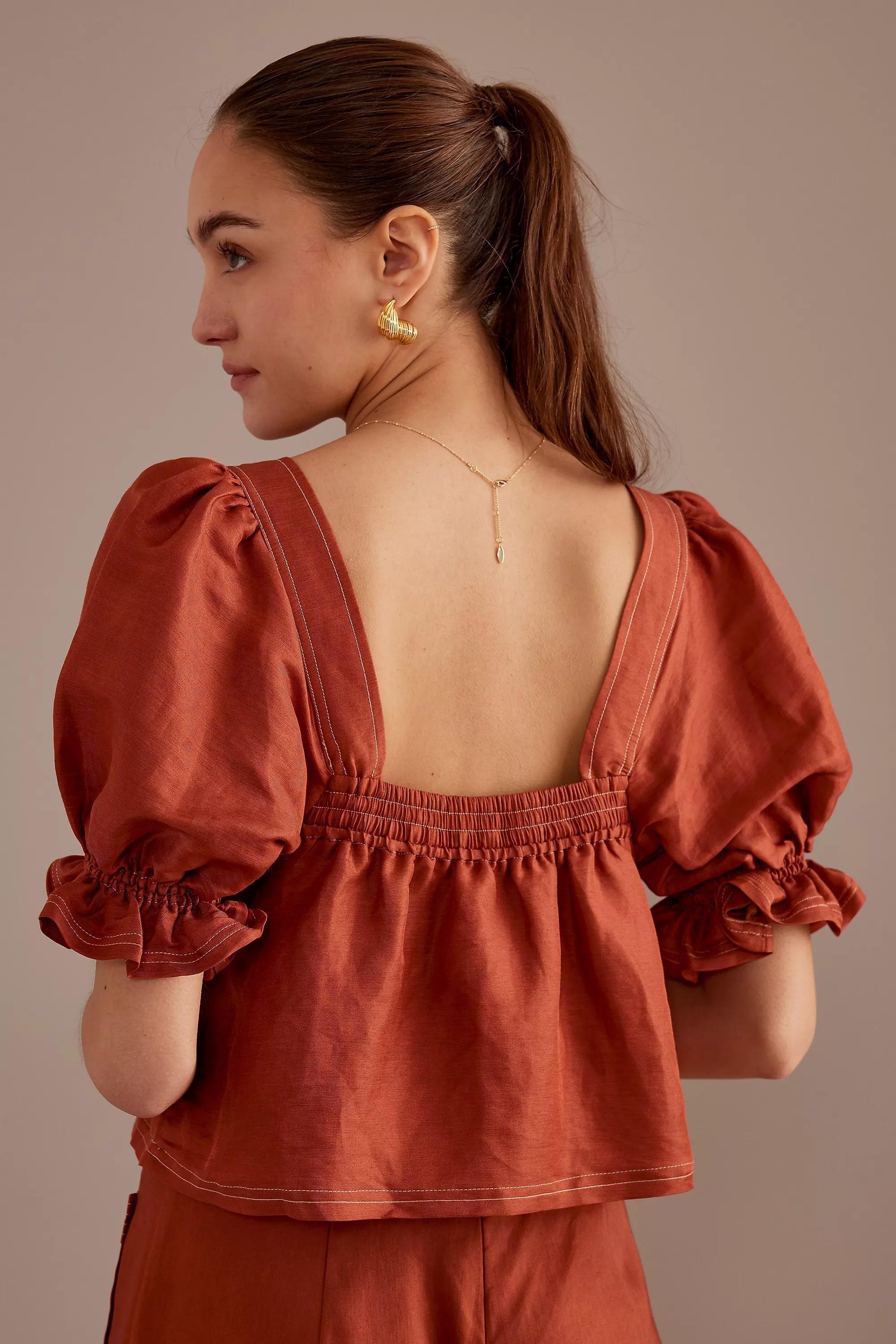 Sancia Lillian Puff-Sleeve Tie-Front Top, Orange, , large image number 4