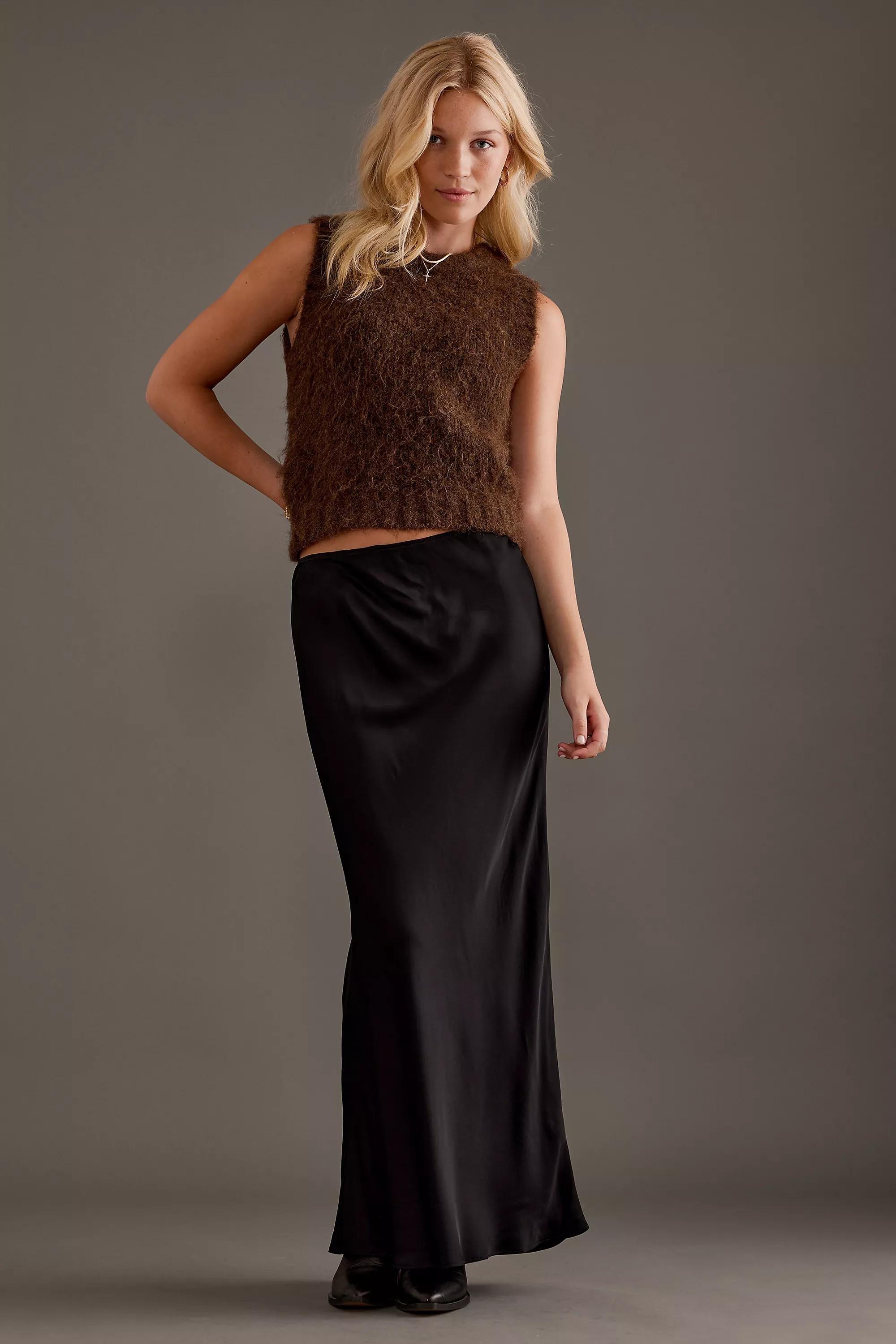 Satin Bias Maxi Slip Skirt, Black, , large image number 0