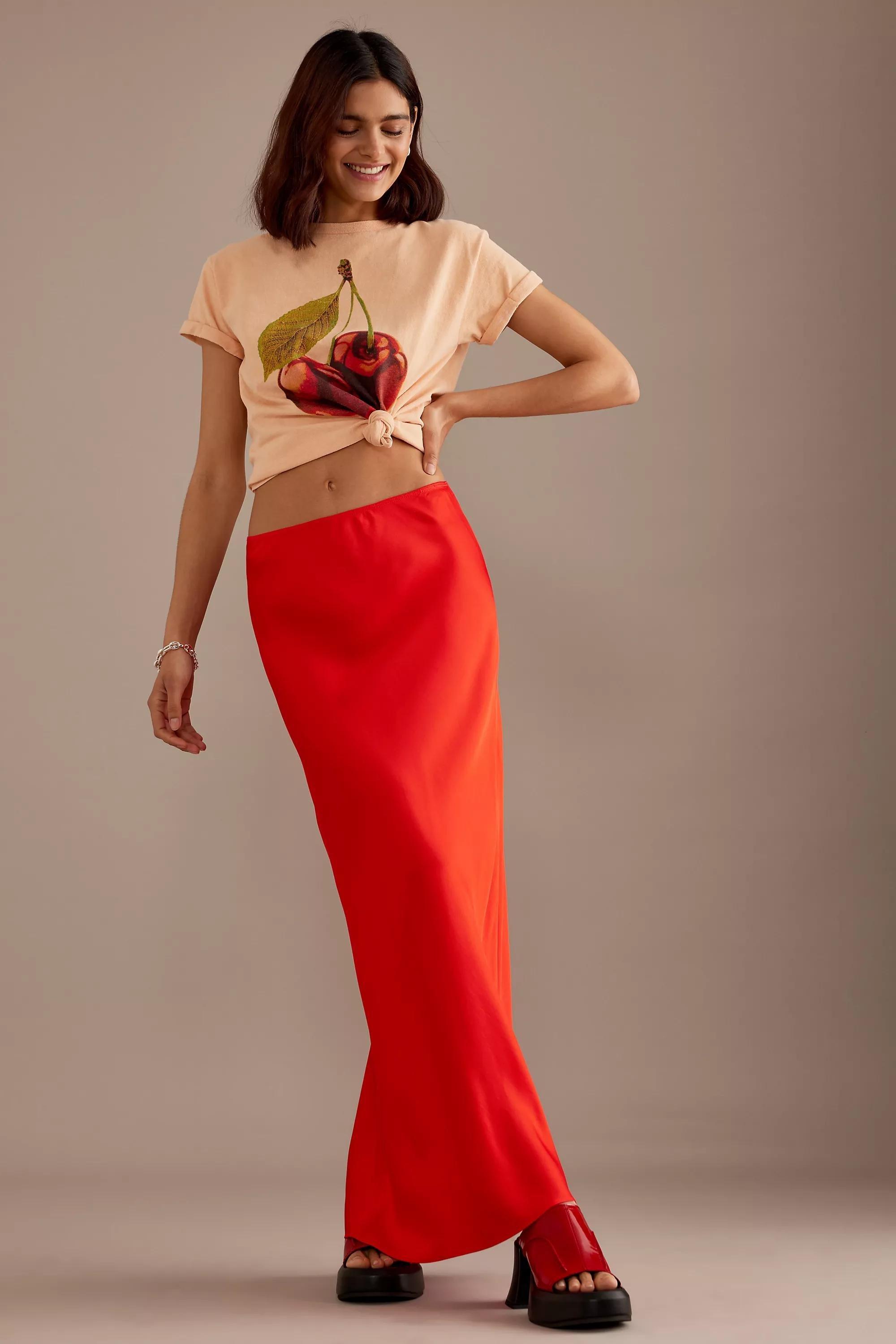 Satin Bias Maxi Slip Skirt, Red, Red, large image number 0