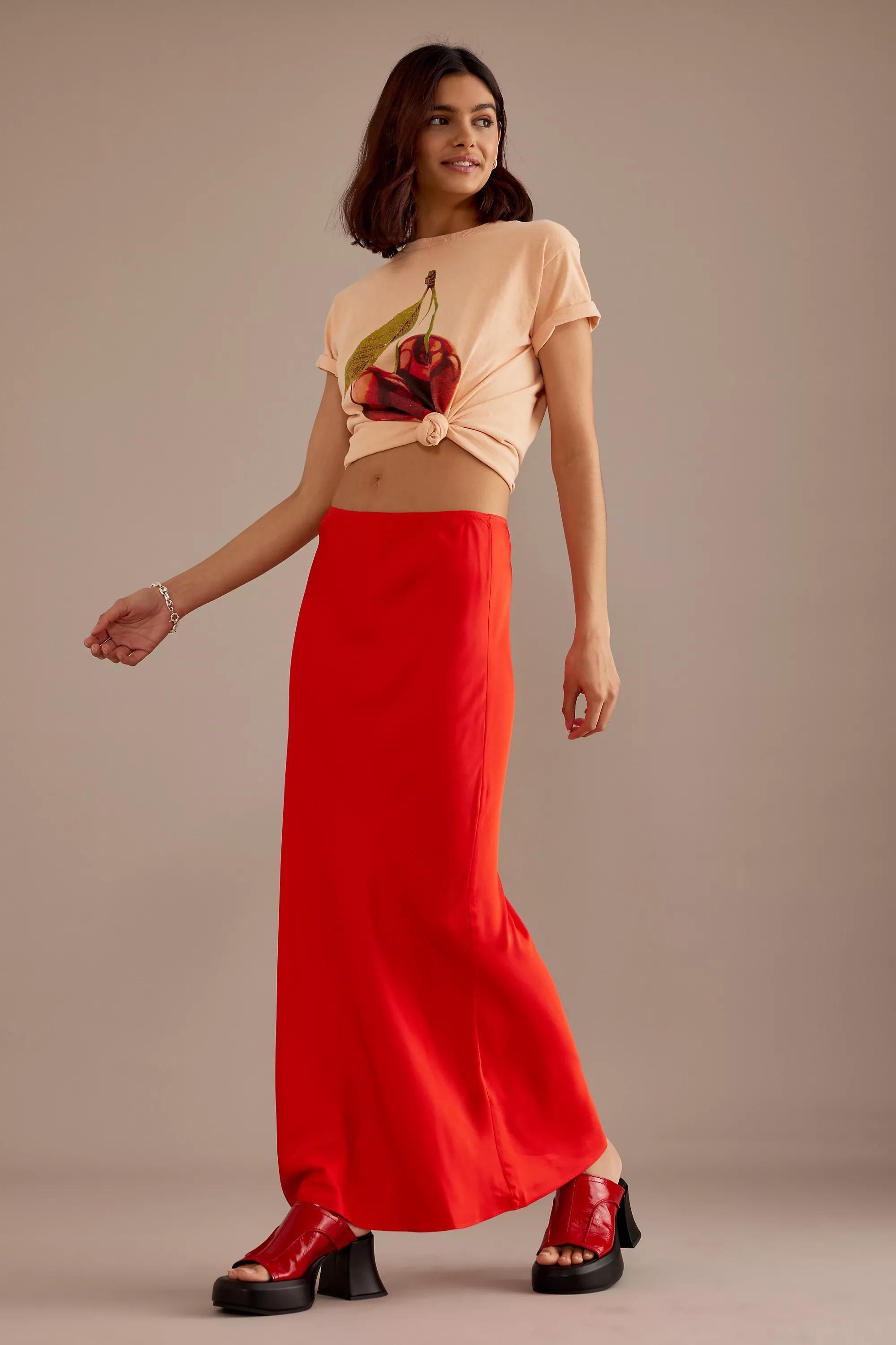 Satin Bias Maxi Slip Skirt, Red, Red, large image number 1