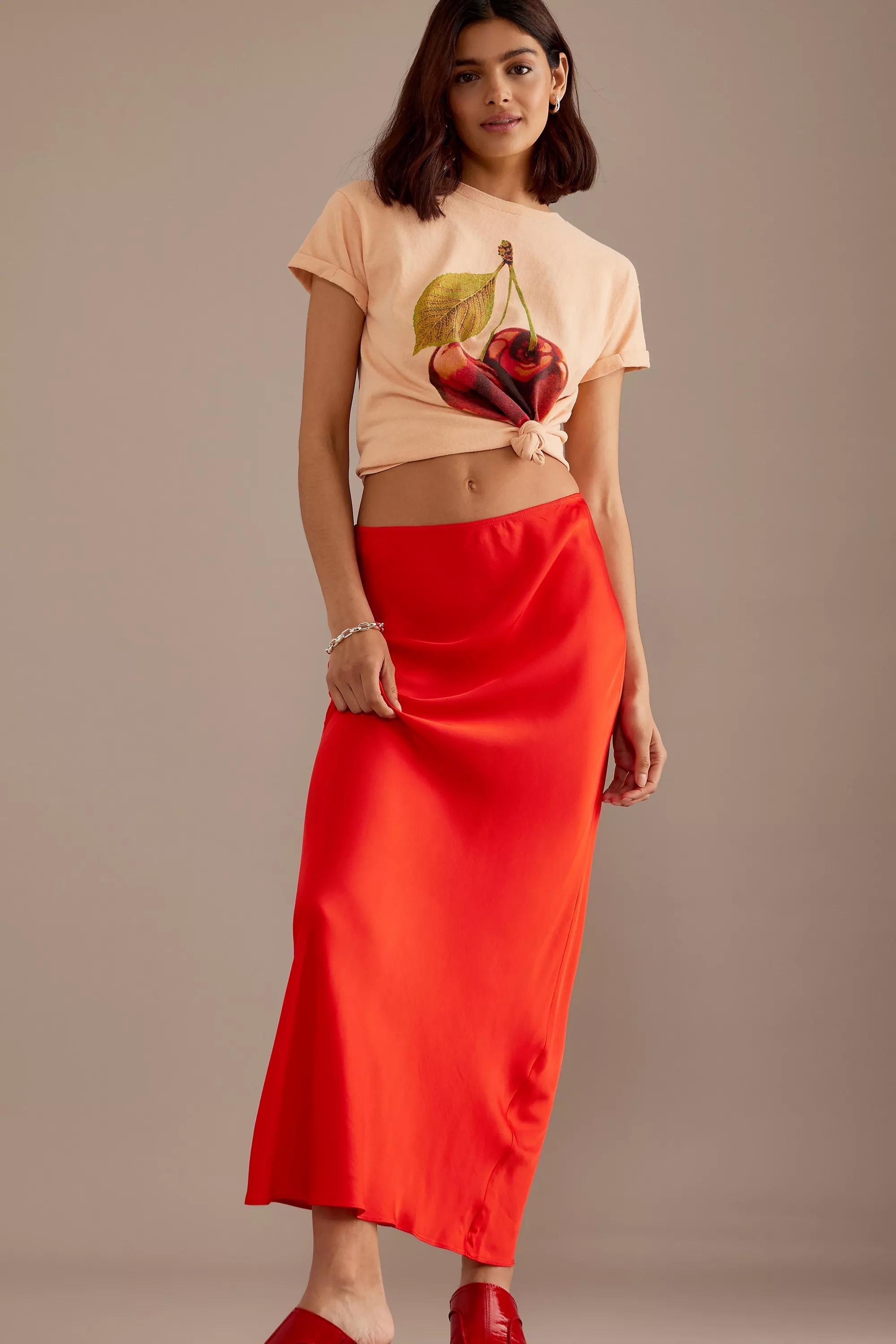 Satin Bias Maxi Slip Skirt, Red, Red, large image number 2