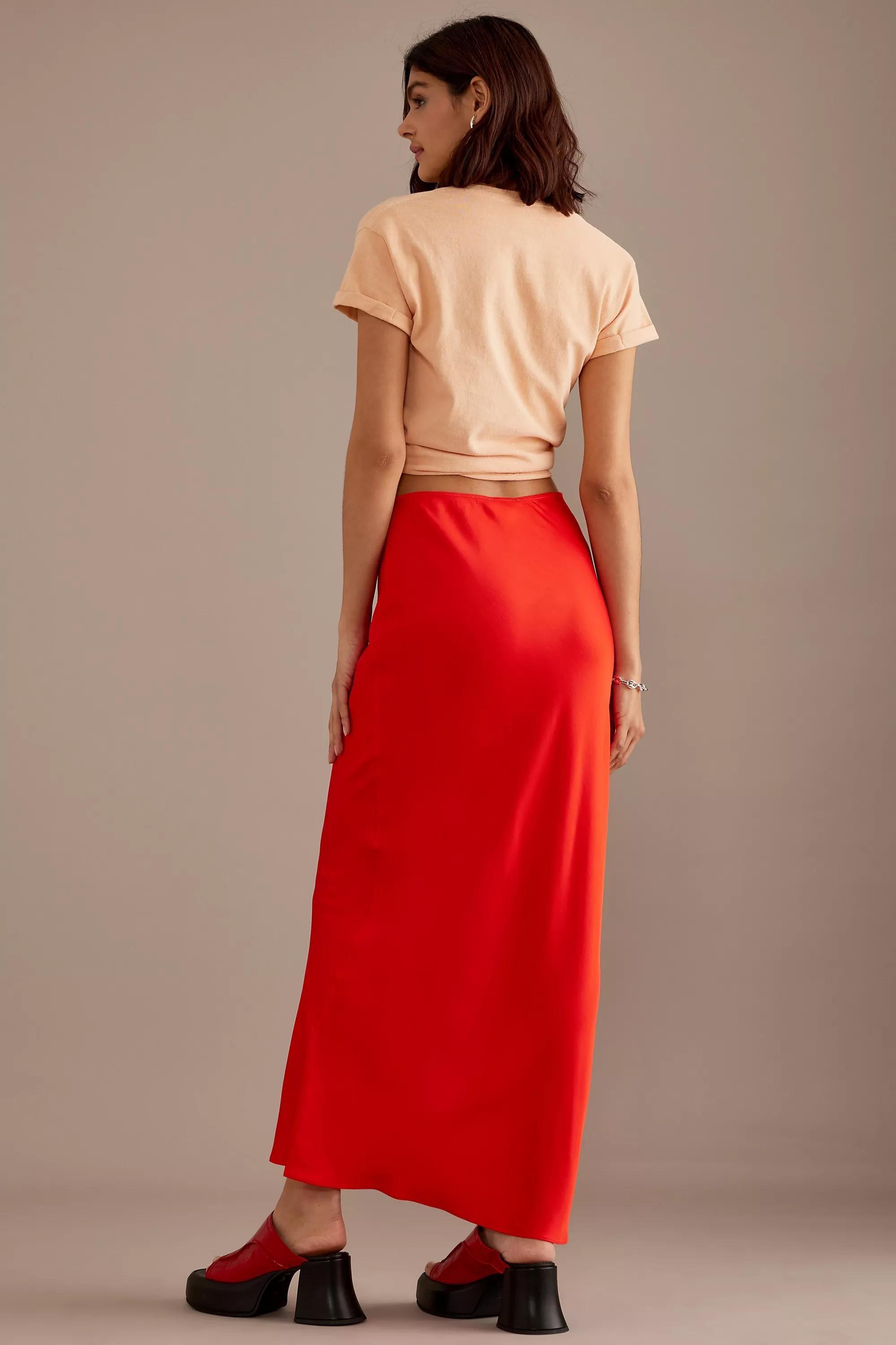 Satin Bias Maxi Slip Skirt, Red, Red, large image number 3