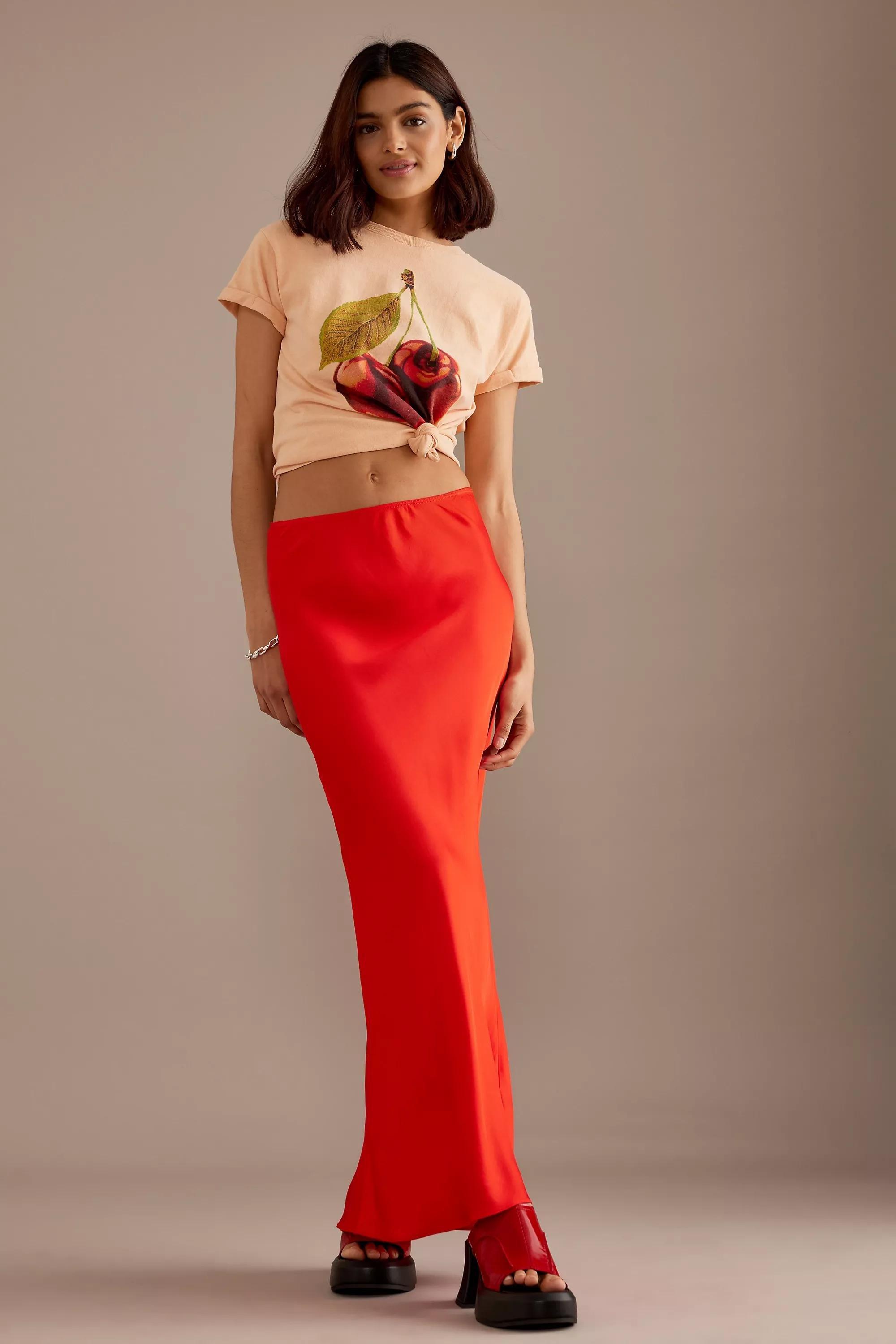 Satin Bias Maxi Slip Skirt, Red, Red, large image number 5