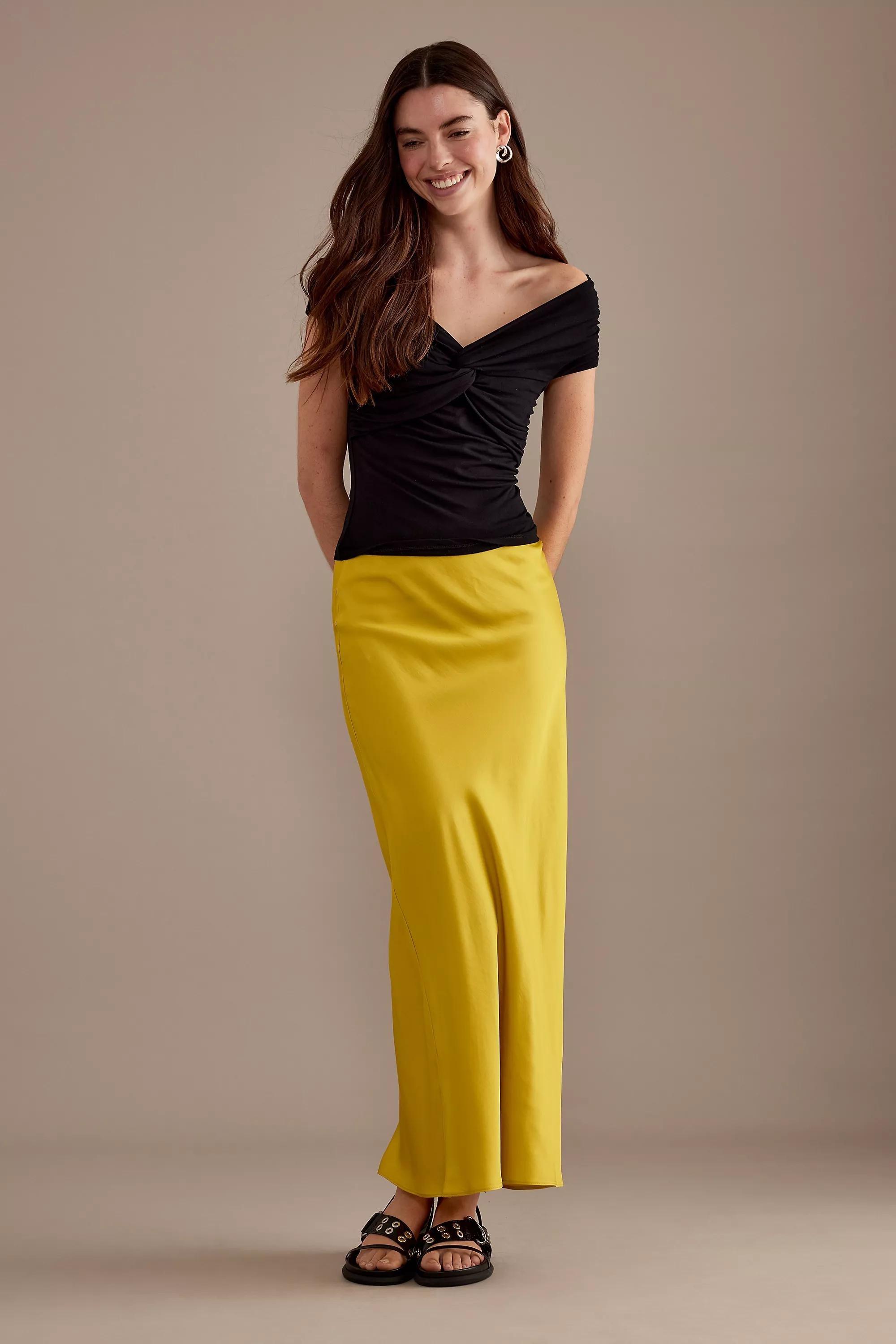 Satin Bias Maxi Slip Skirt, Yellow, , large image number 0