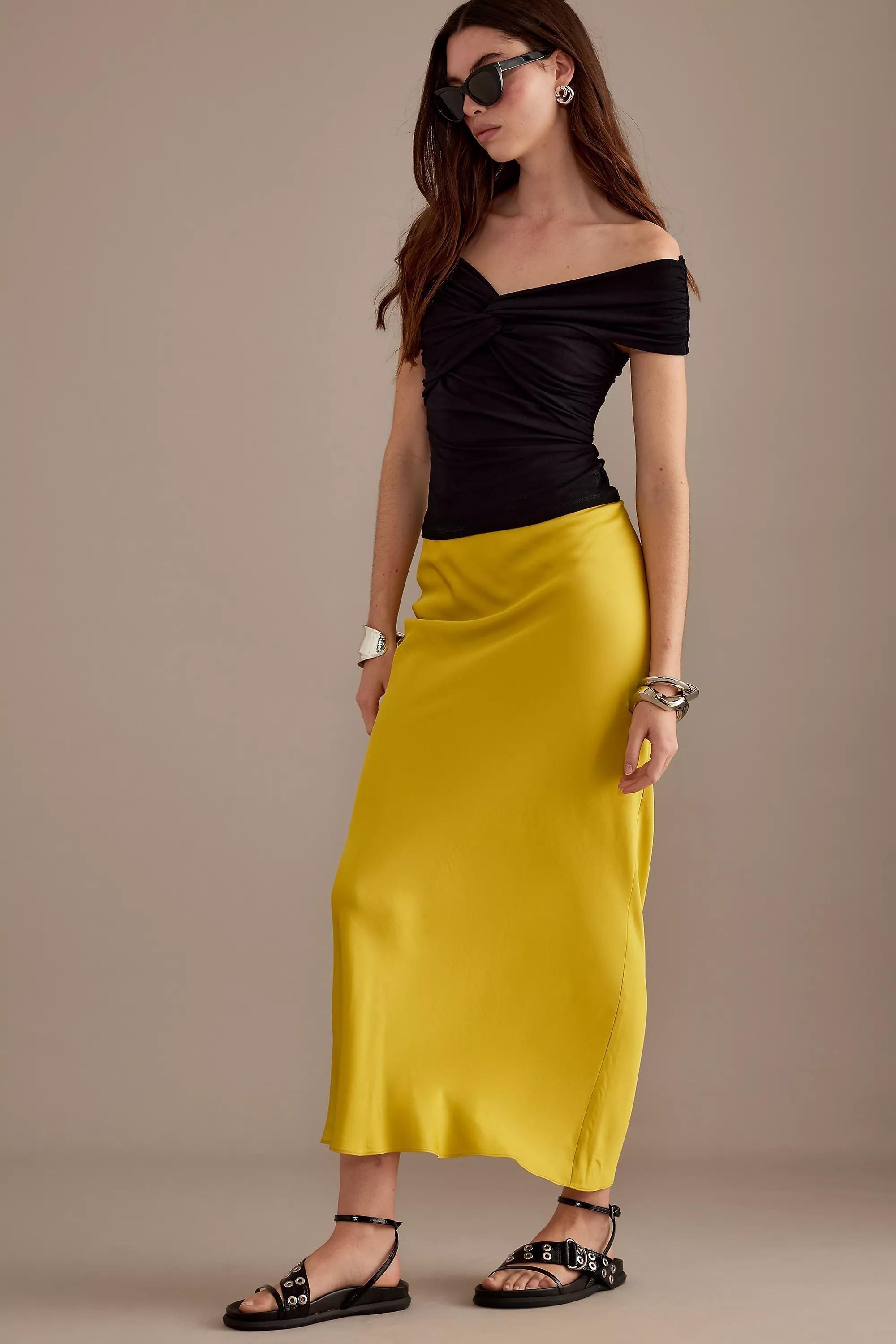 Satin Bias Maxi Slip Skirt, Yellow, , large image number 1