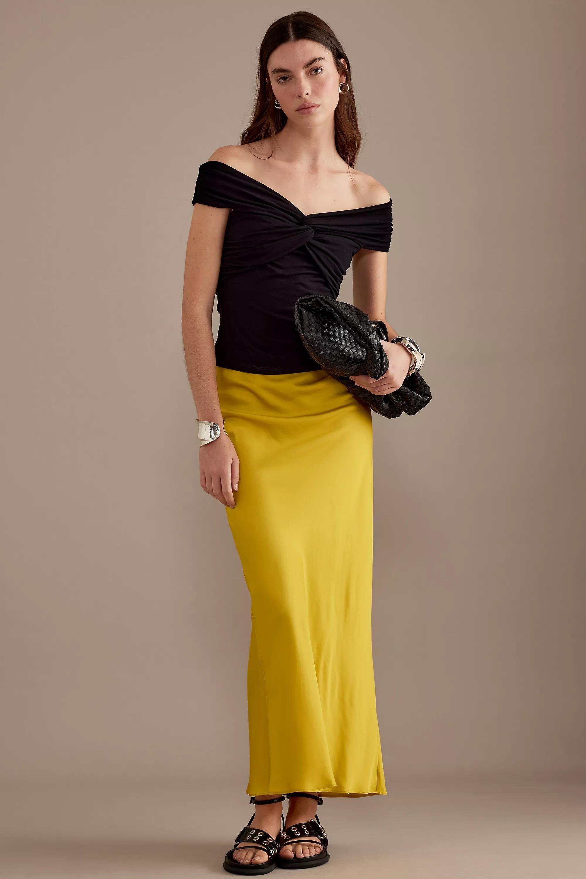 Satin Bias Maxi Slip Skirt, Yellow, , large image number 3
