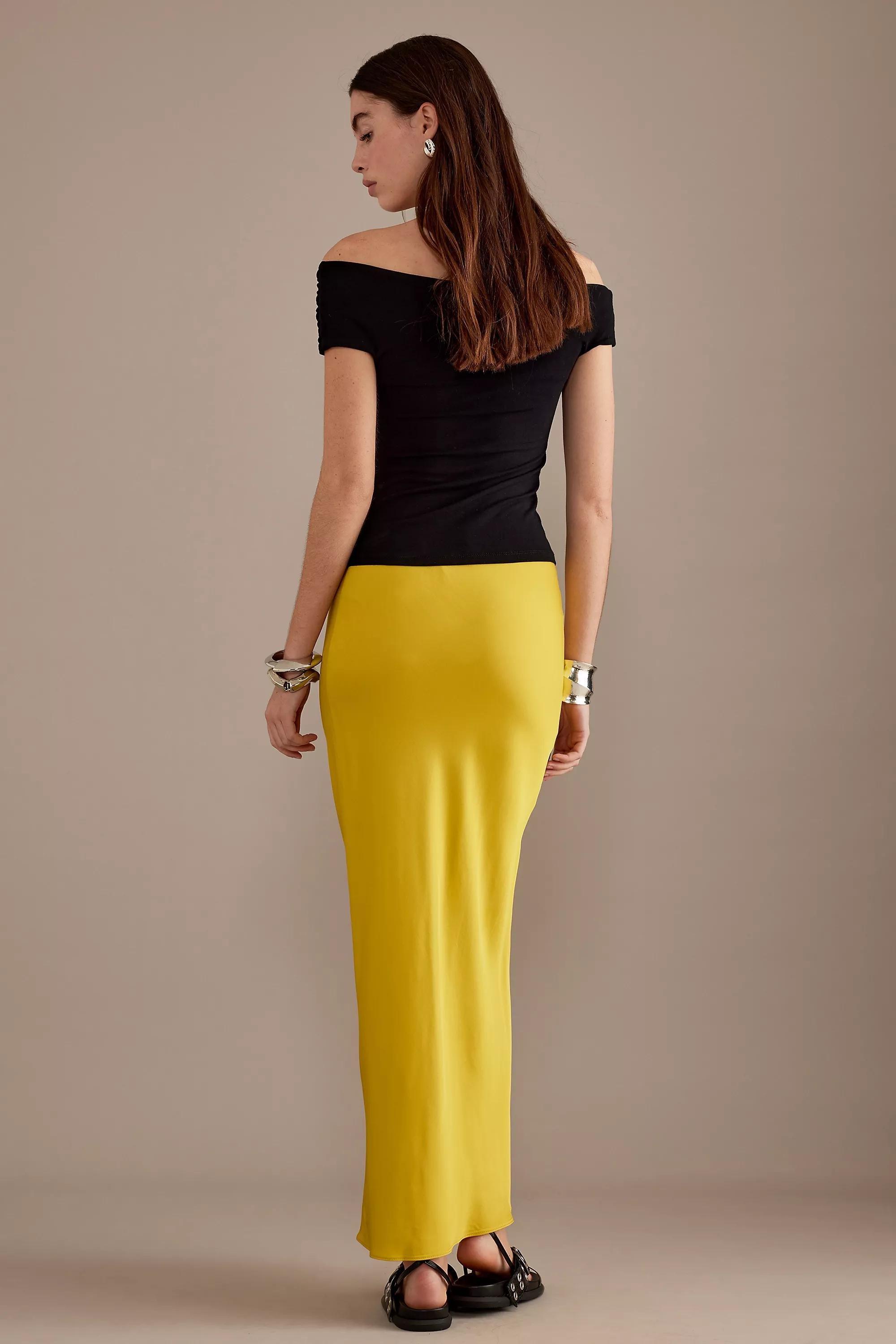 Satin Bias Maxi Slip Skirt, Yellow, , large image number 4