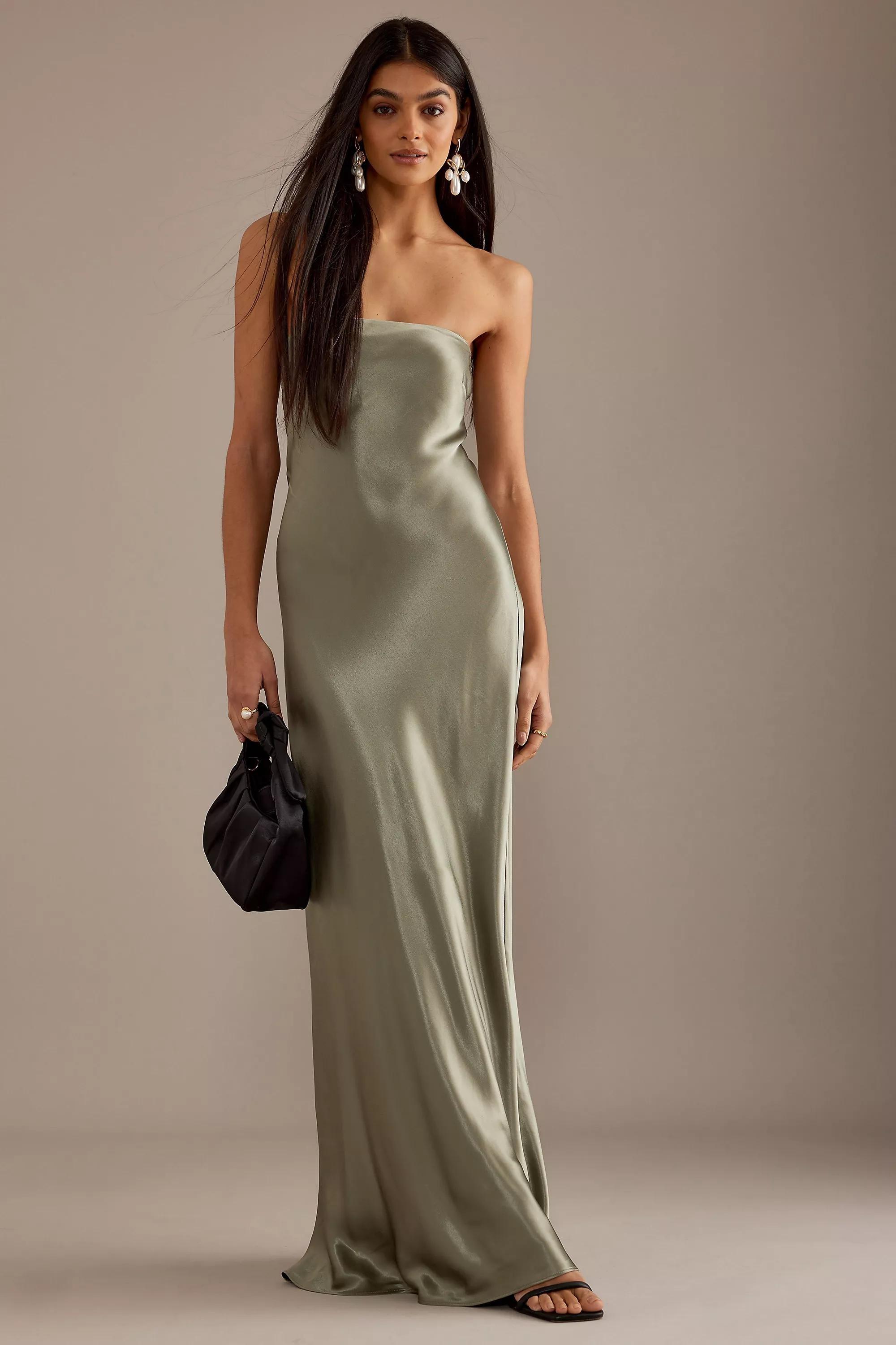 Strapless Satin Maxi Slip Dress, Green, , large image number 0
