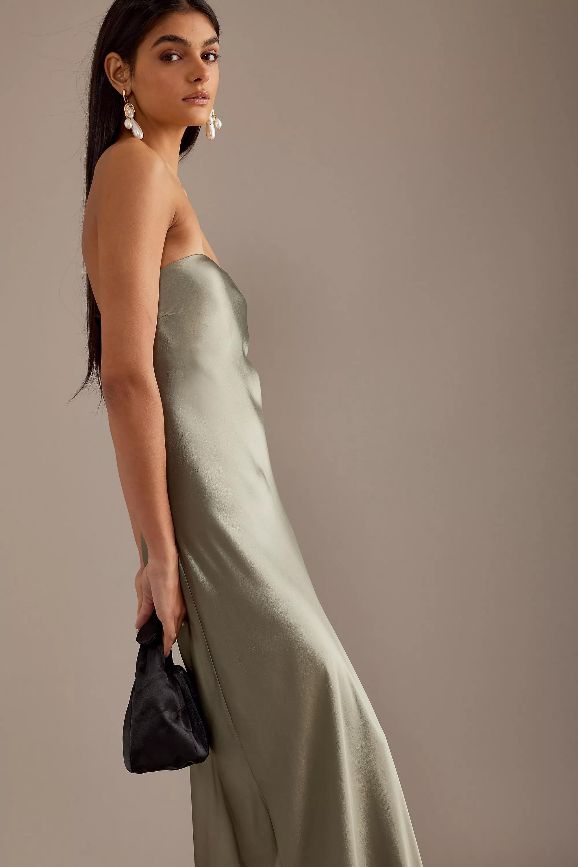 Strapless Satin Maxi Slip Dress, Green, , large image number 3