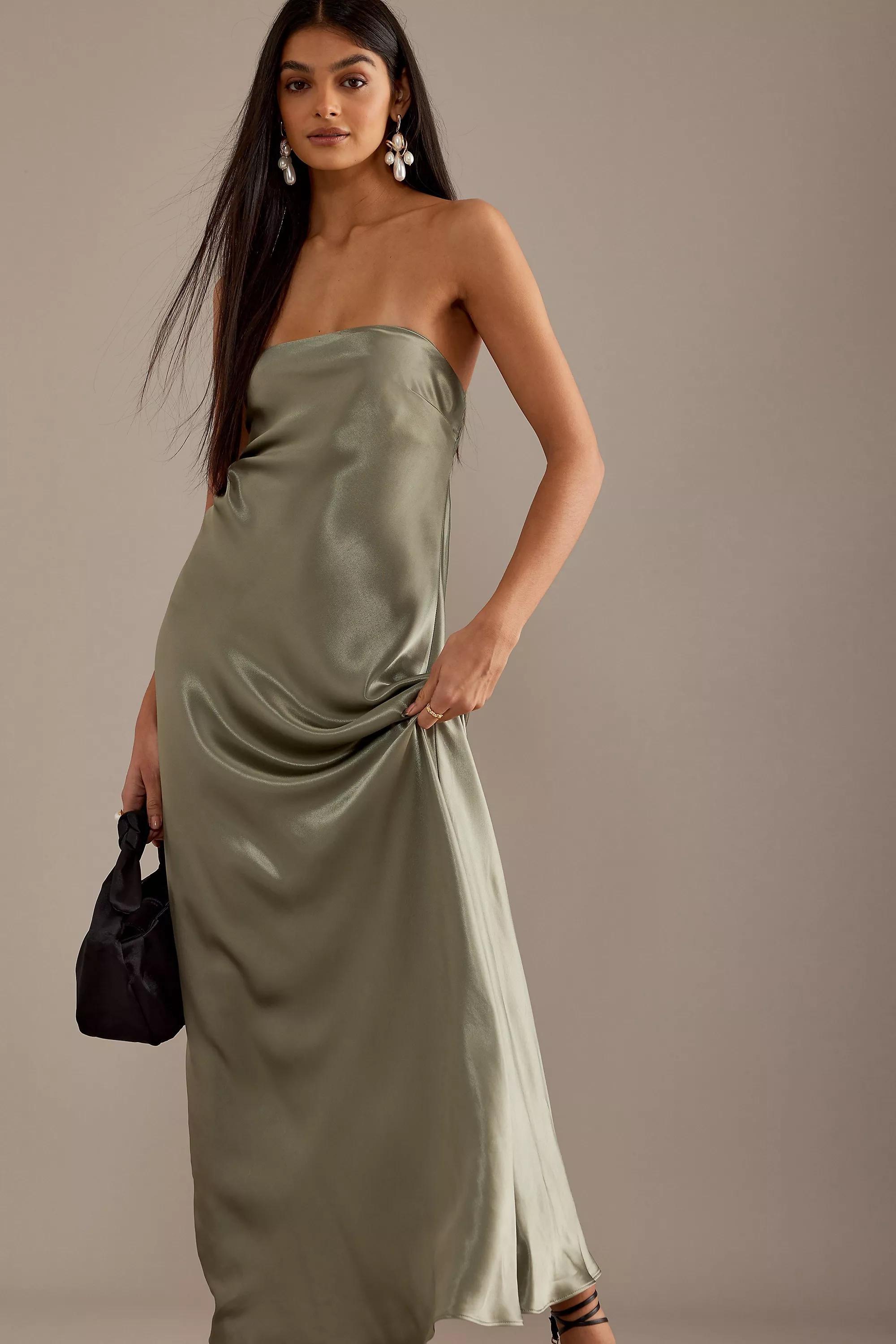 Strapless Satin Maxi Slip Dress, Green, , large image number 4