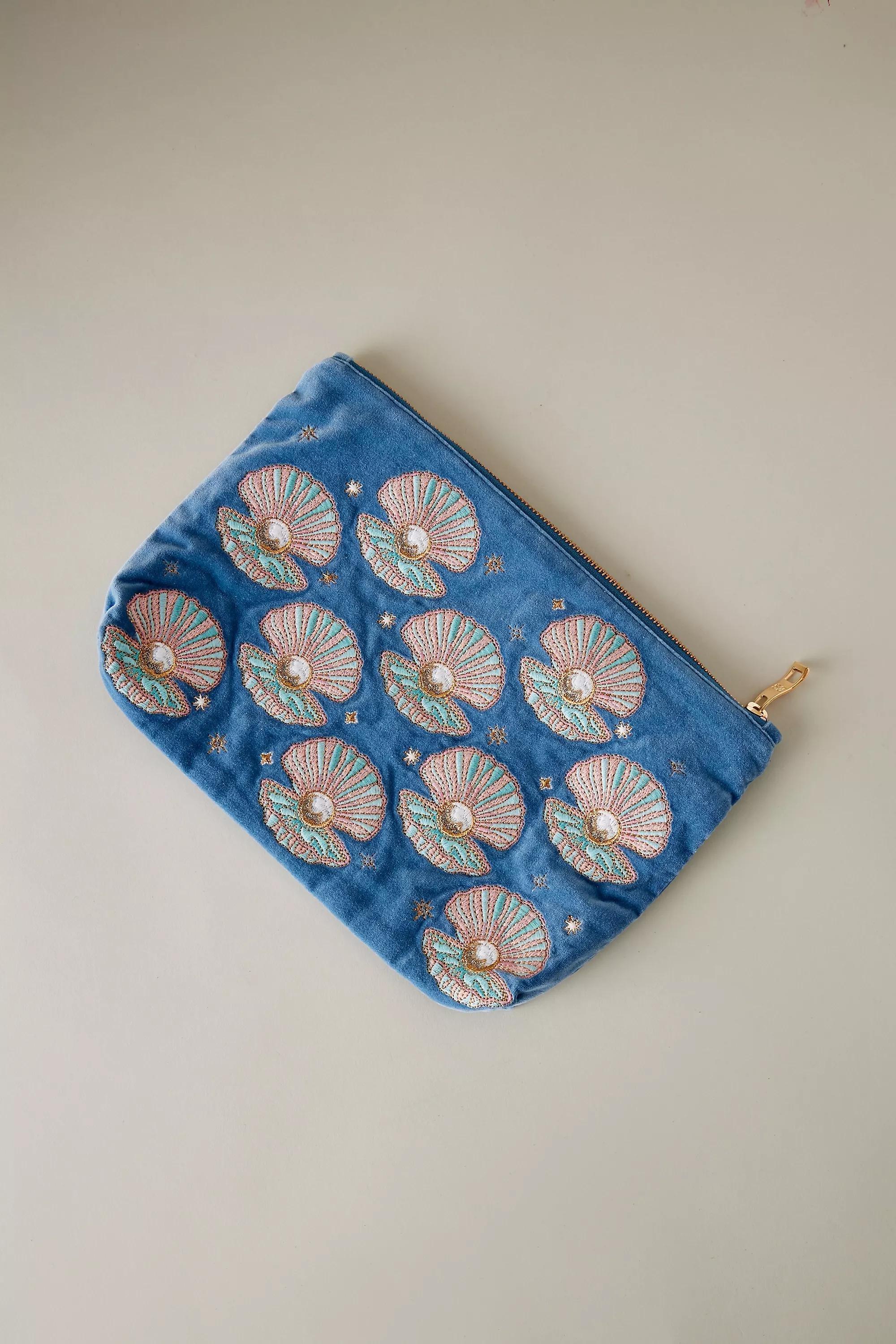 Elizabeth Scarlett Embroidered Velvet Pouch, Blue, A501_0040, large image number 0