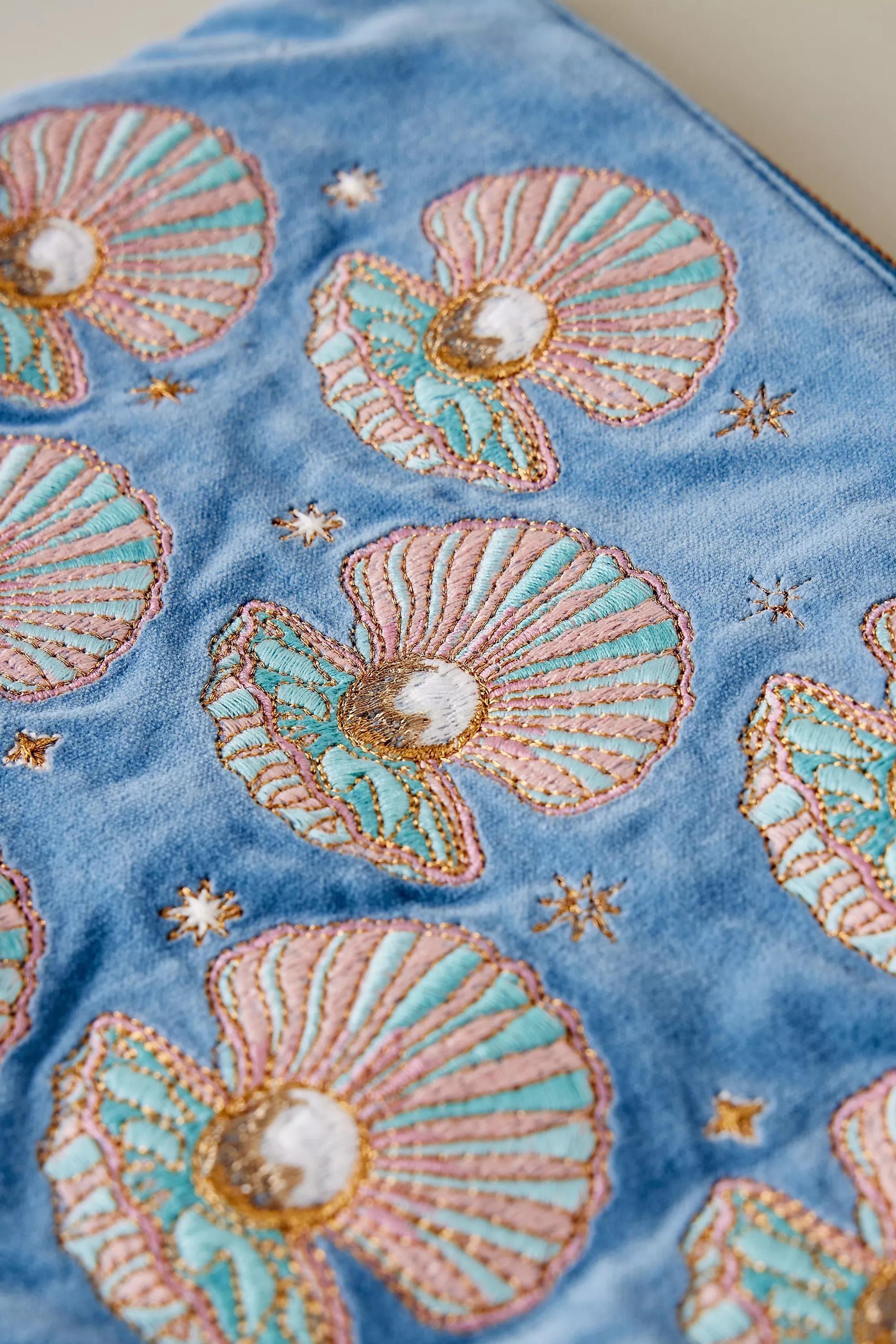 Elizabeth Scarlett Embroidered Velvet Pouch, Blue, A501_0040, large image number 1