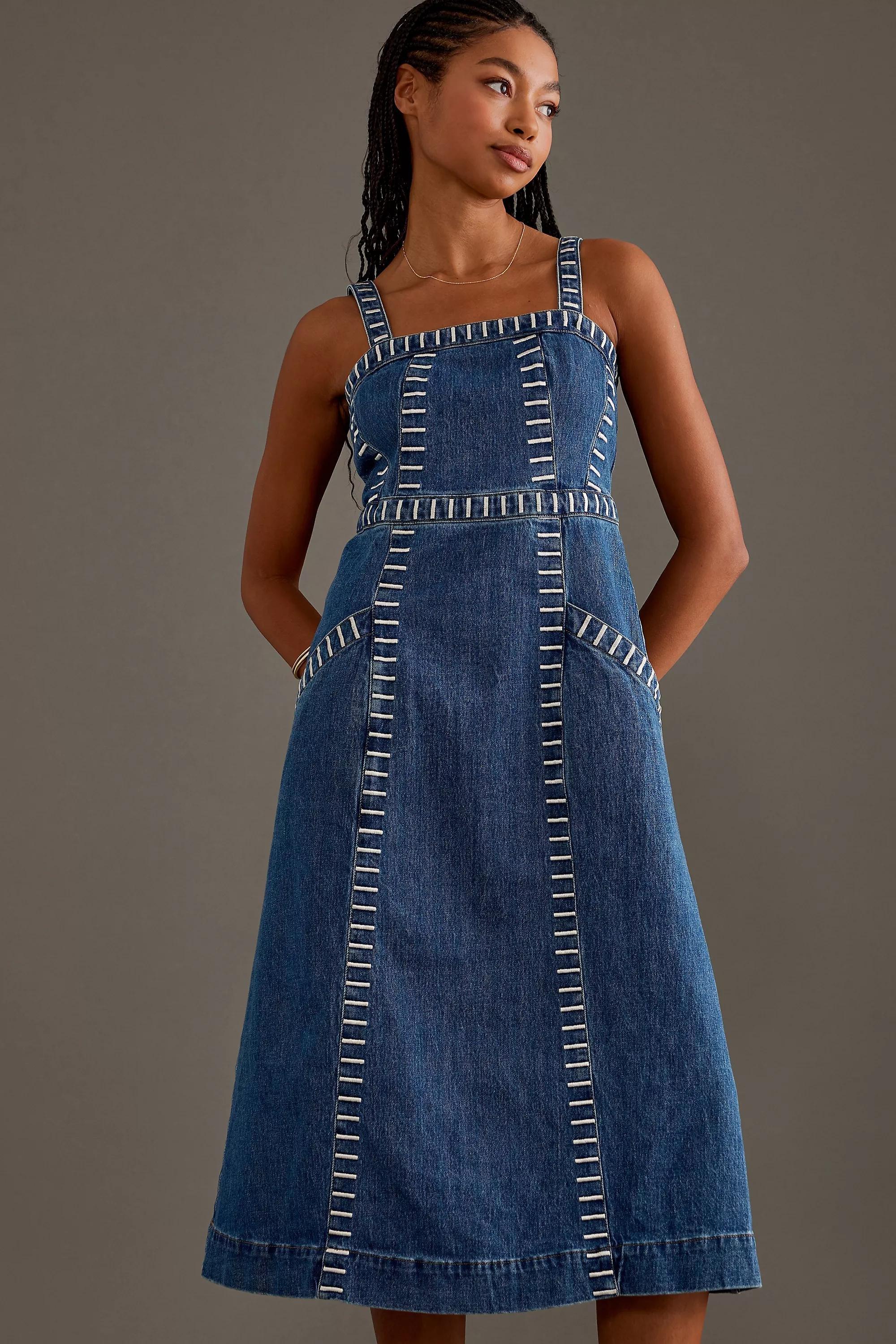 Anthropologie - Seventy + Mochi Ella Sleeveless Square-Neck Denim Midi Dress, Blue