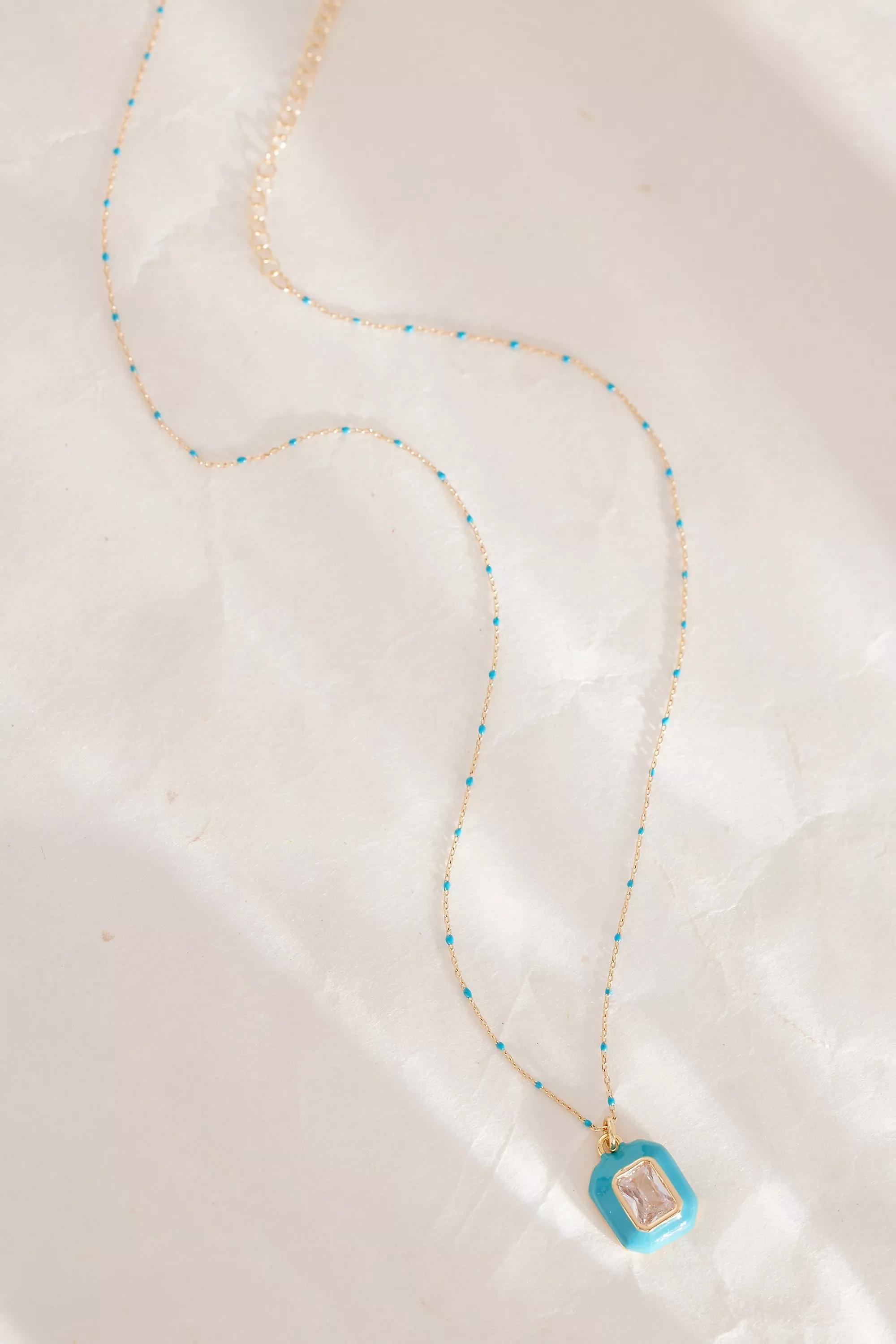 Gold-Plated Colourful Crystal Square Pendant Necklace, Blue, A501_0407, large image number 0