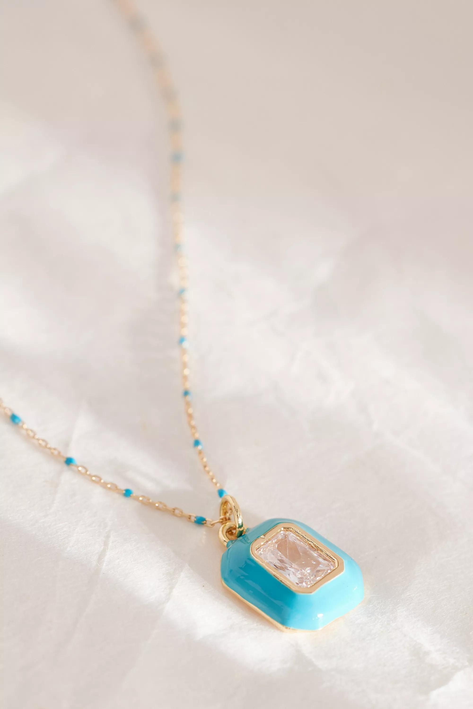 Gold-Plated Colourful Crystal Square Pendant Necklace, Blue, A501_0407, large image number 1