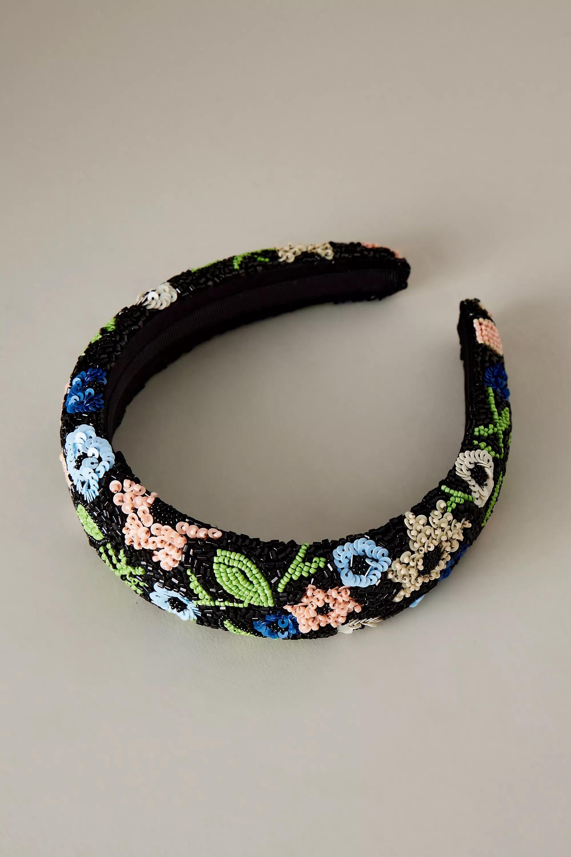 Floral Beaded Headband, Black, , large image number 0