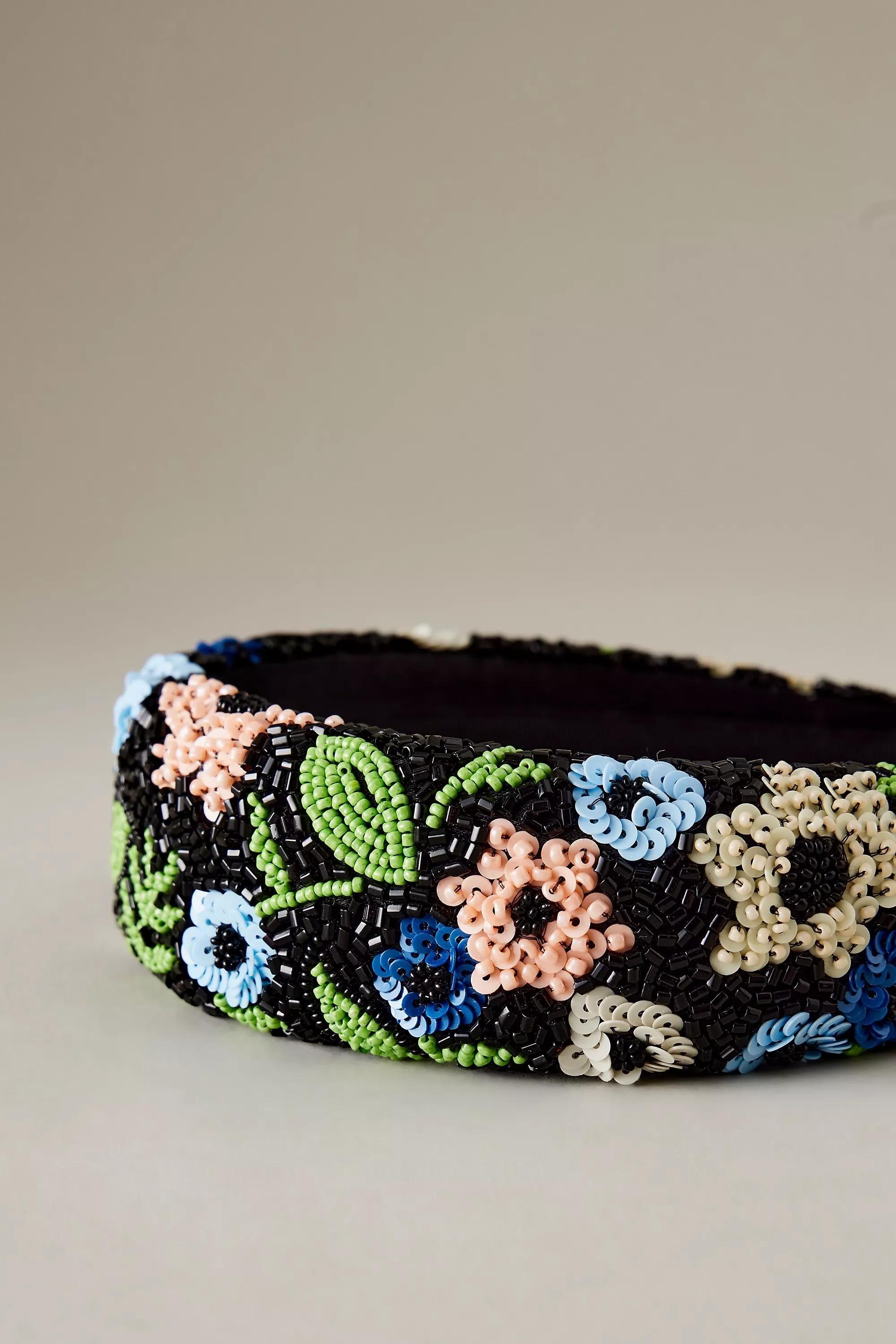 Floral Beaded Headband, Black, , large image number 1