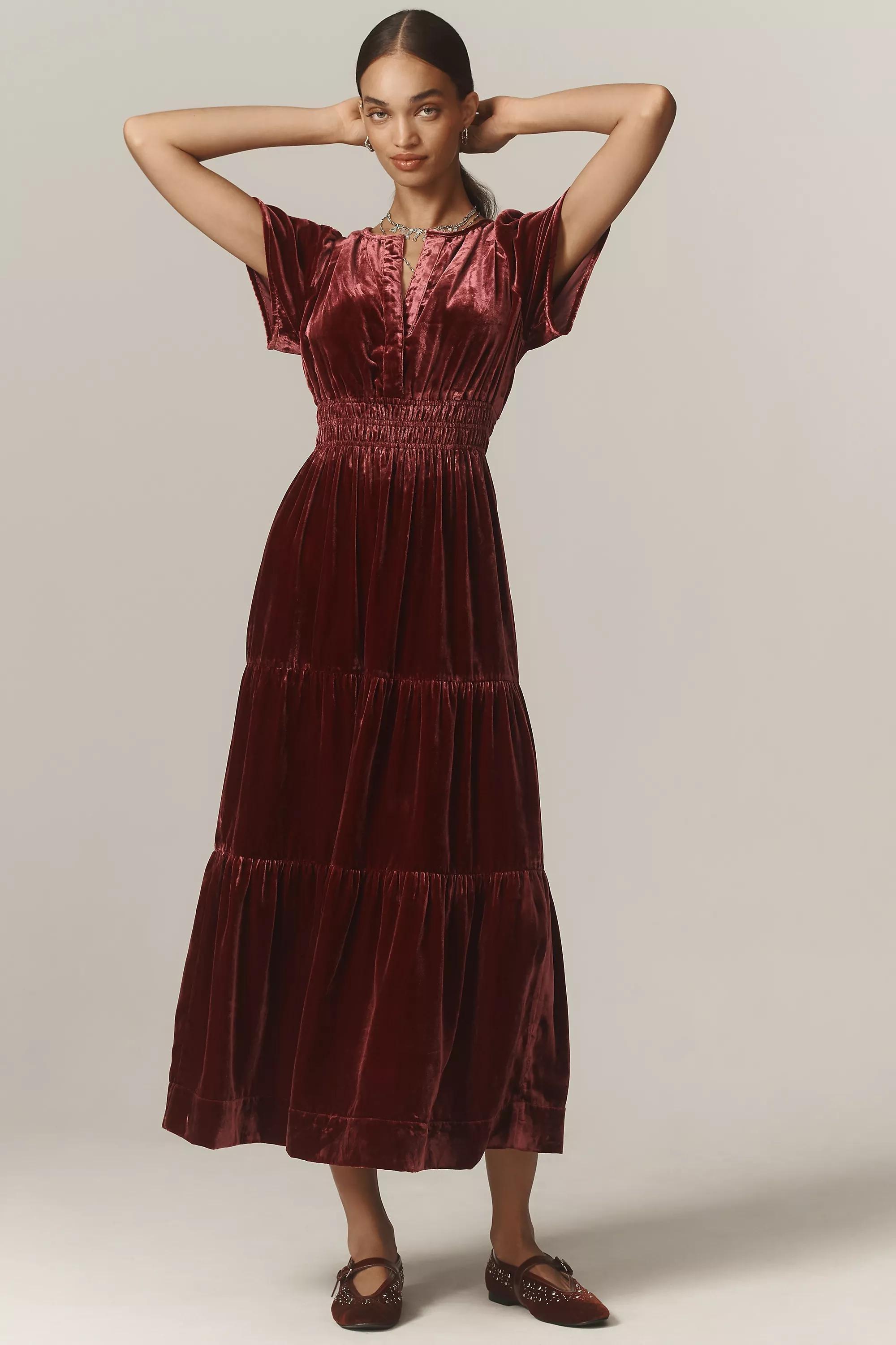 Anthropologie Ruched Milkmaid Retro Maxi, Red, , large image number 0