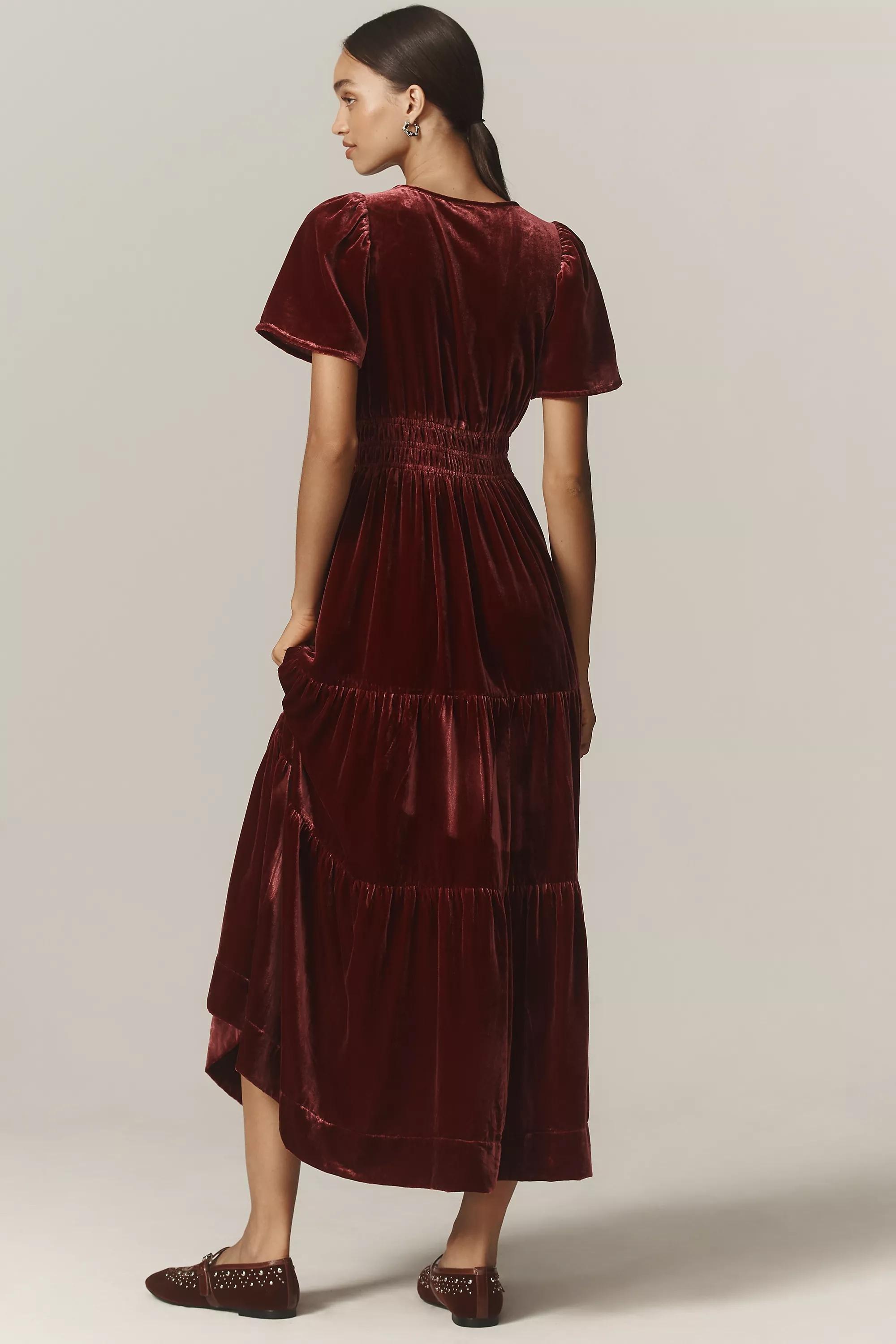 Anthropologie Ruched Milkmaid Retro Maxi, Red, , large image number 1