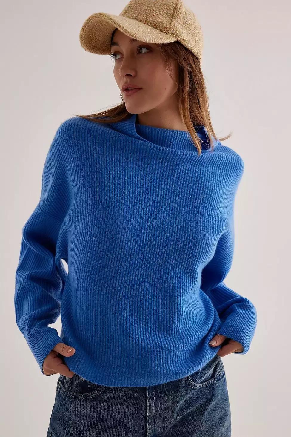 Pilcro Ribbed Cashmere Jumper, Blue, A501_0040, large image number 1