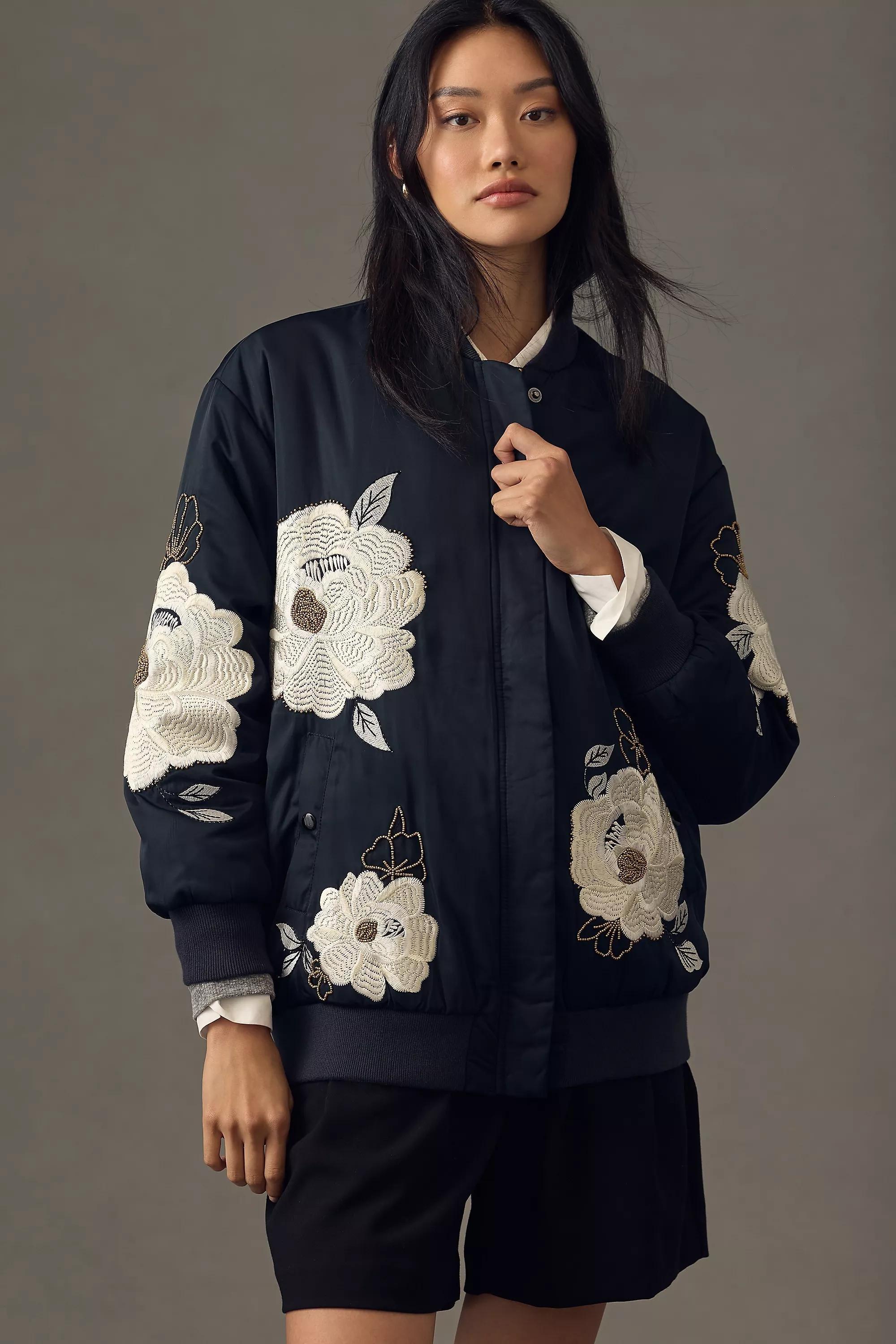 Maeve Embroidered Bomber Jacket, Black, A501_0001, large image number 3