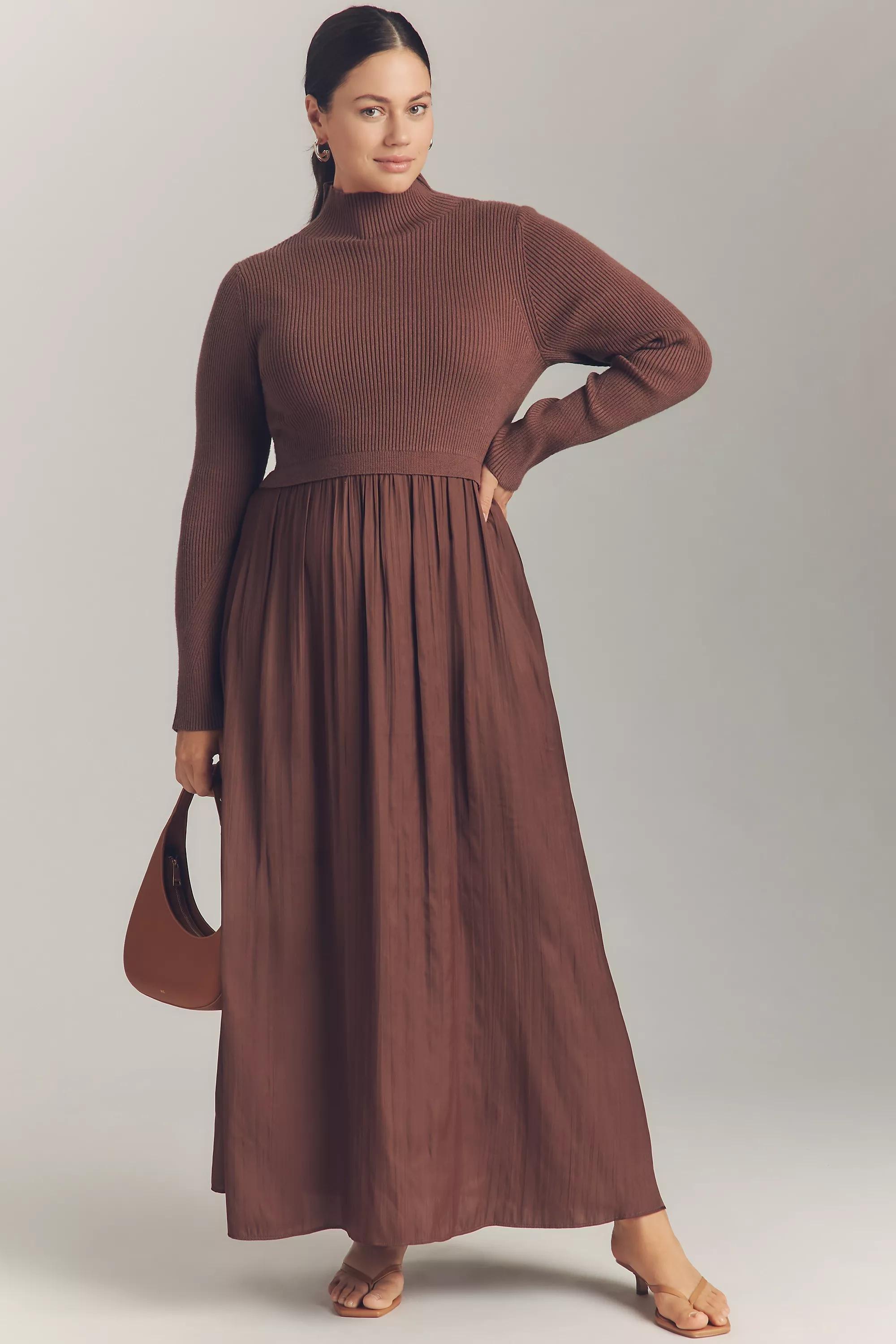The Thea High-Neck Mockable Maxi Jumper Dress, Brown, A501_0020, large image number 3