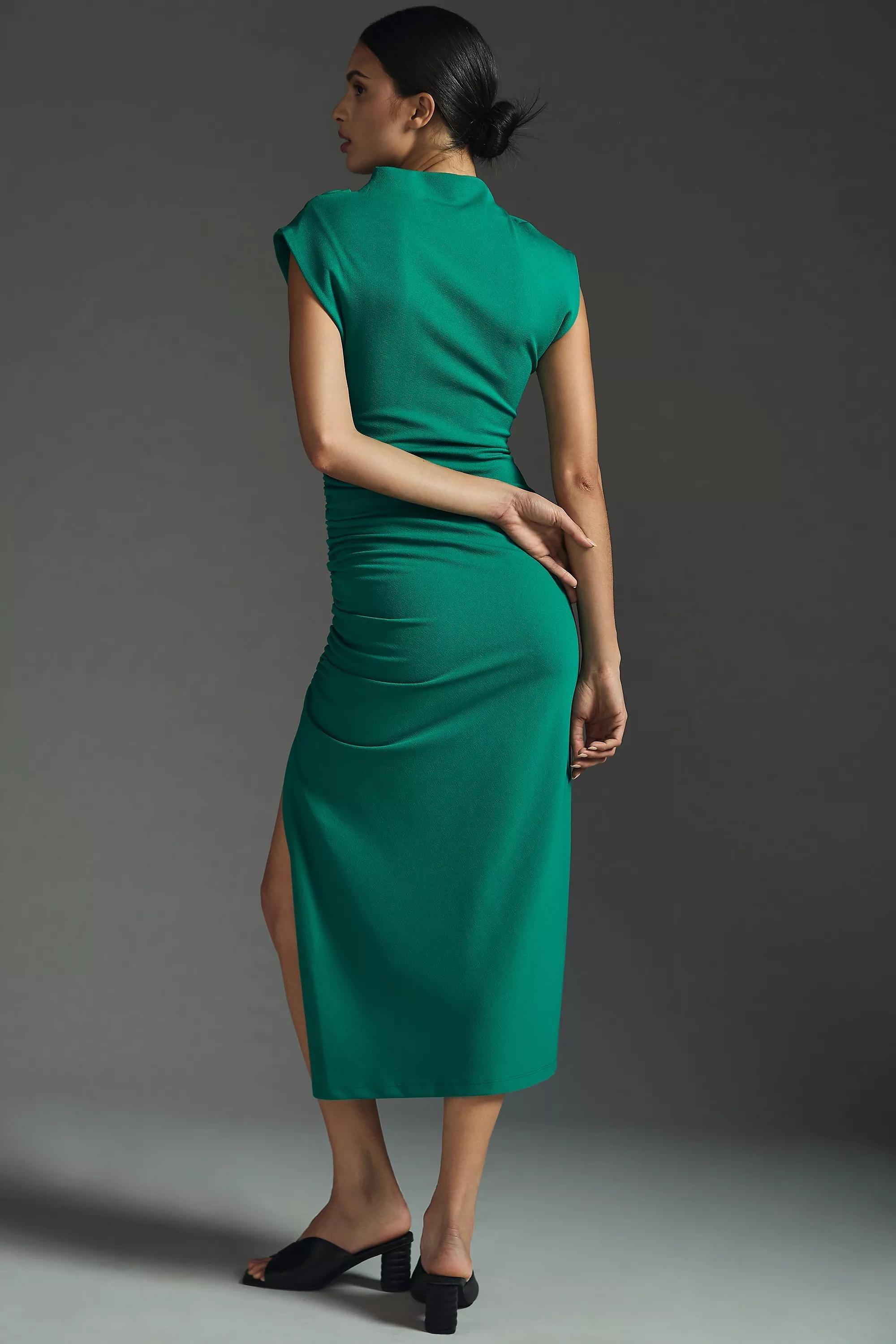 The Maya Ruched Cowl-Neck Dress, Green, A501_0030, large image number 4
