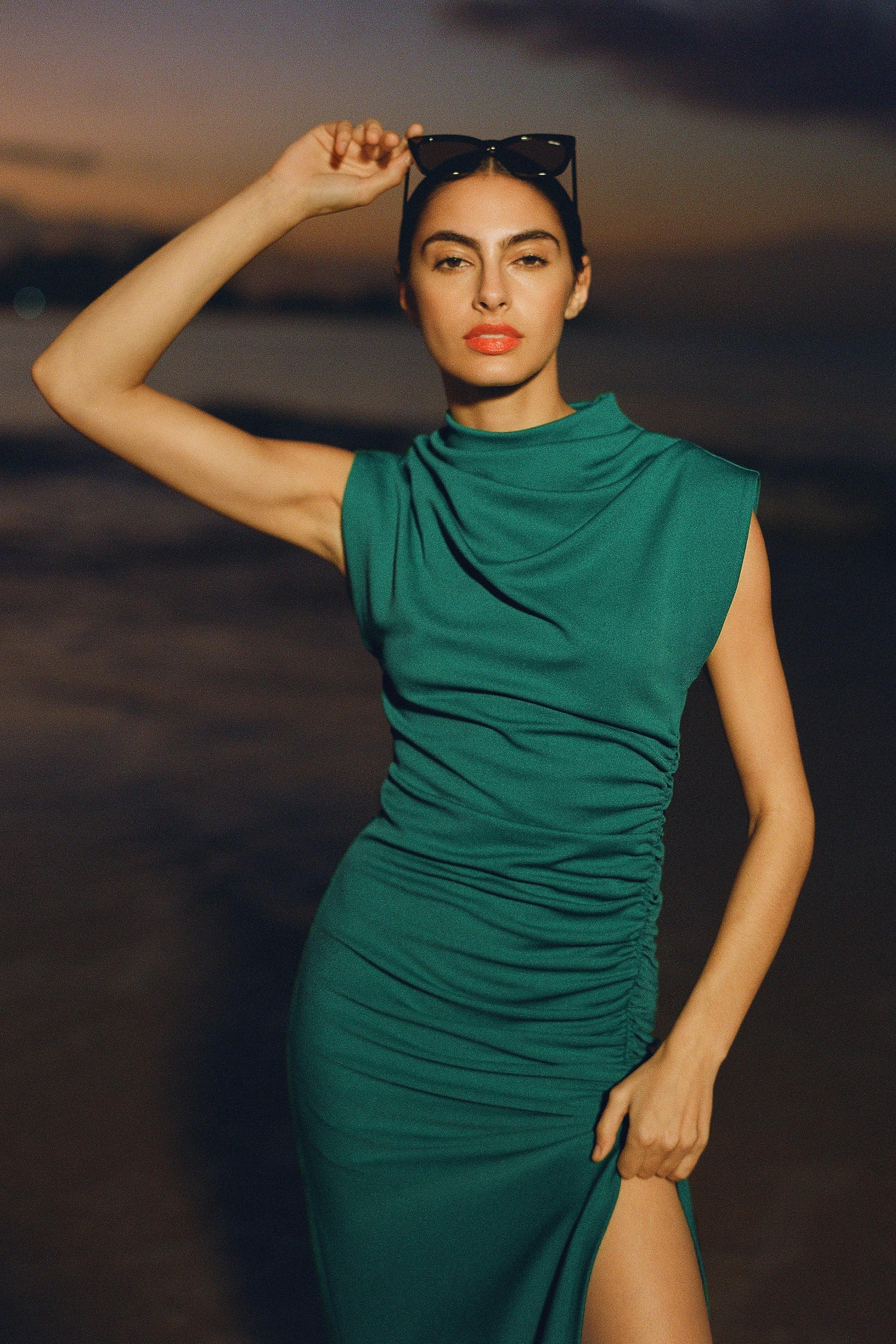 The Maya Ruched Cowl-Neck Dress, Green, , large image number 5