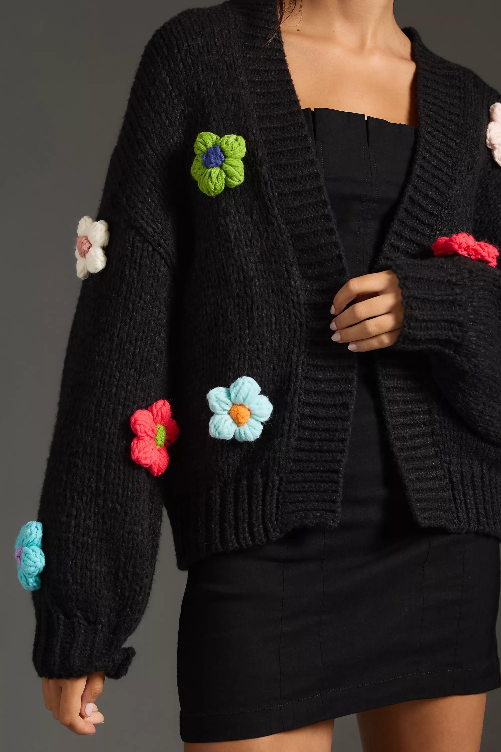 By Anthropologie Chunky 3D Floral Knit Cardigan, Black, A501_0001, large image number 2