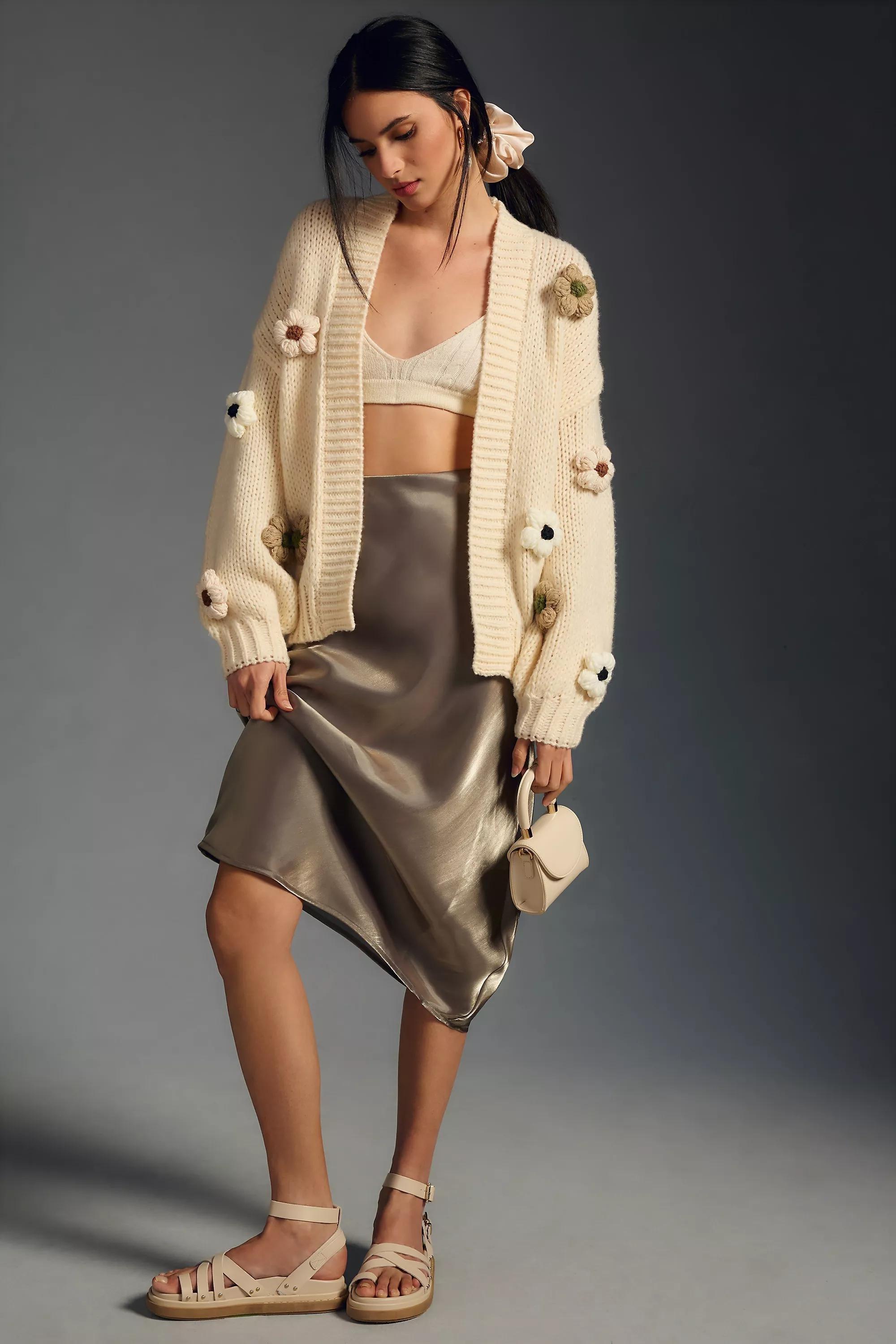 By Anthropologie Floral Knit Cardigan Sweater, Beige, A501_0014, large image number 1