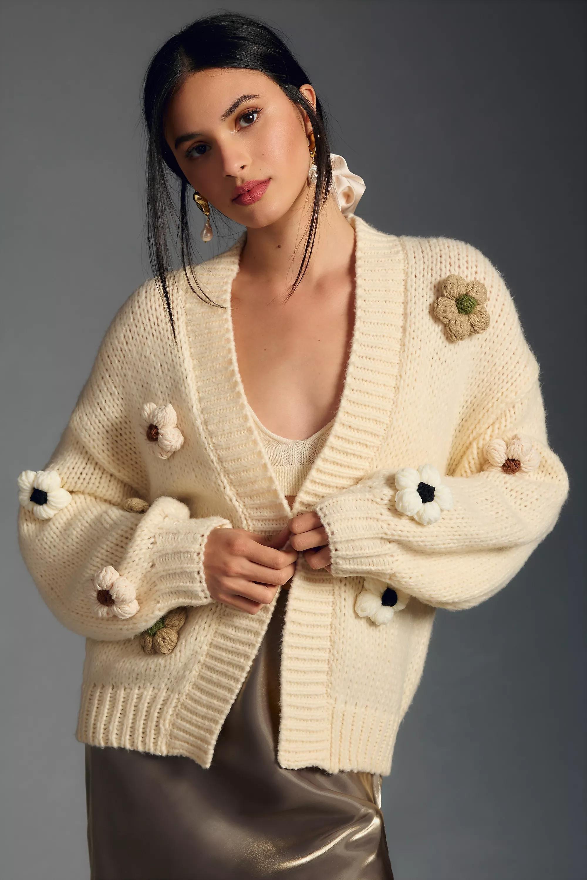 By Anthropologie Floral Knit Cardigan Sweater, Beige, A501_0014, large image number 3