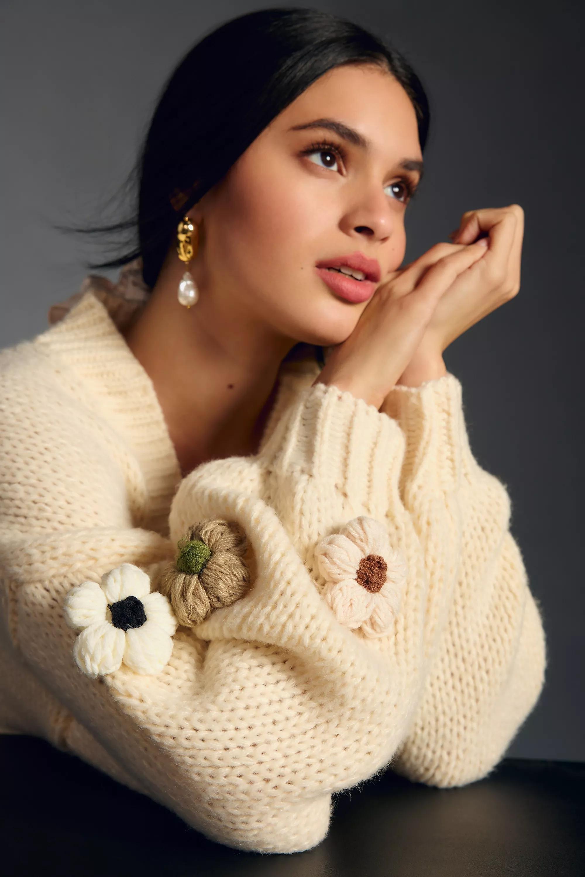 By Anthropologie Floral Knit Cardigan Sweater, Beige, A501_0014, large image number 3