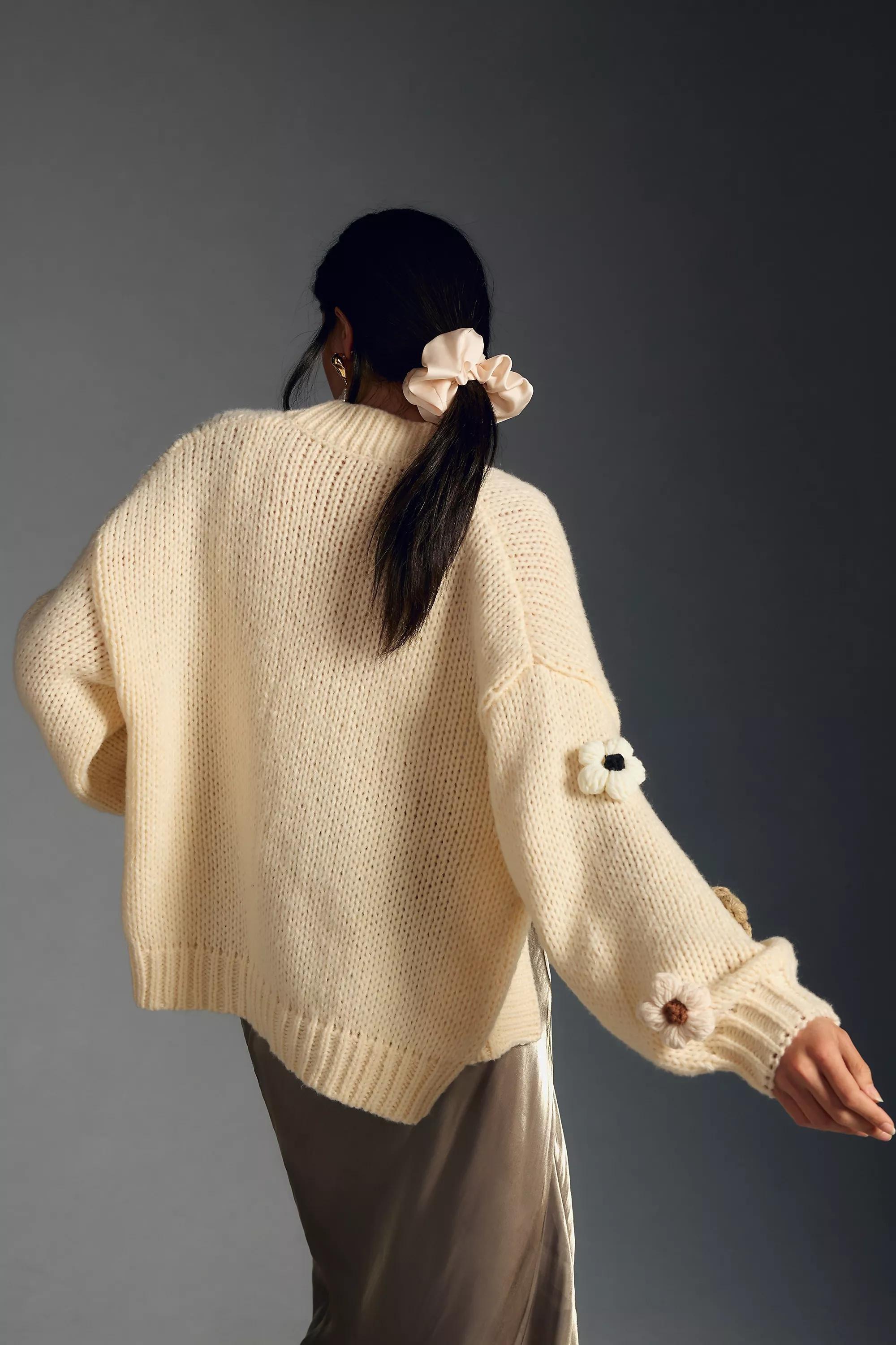 By Anthropologie Floral Knit Cardigan Sweater, Beige, A501_0014, large image number 4