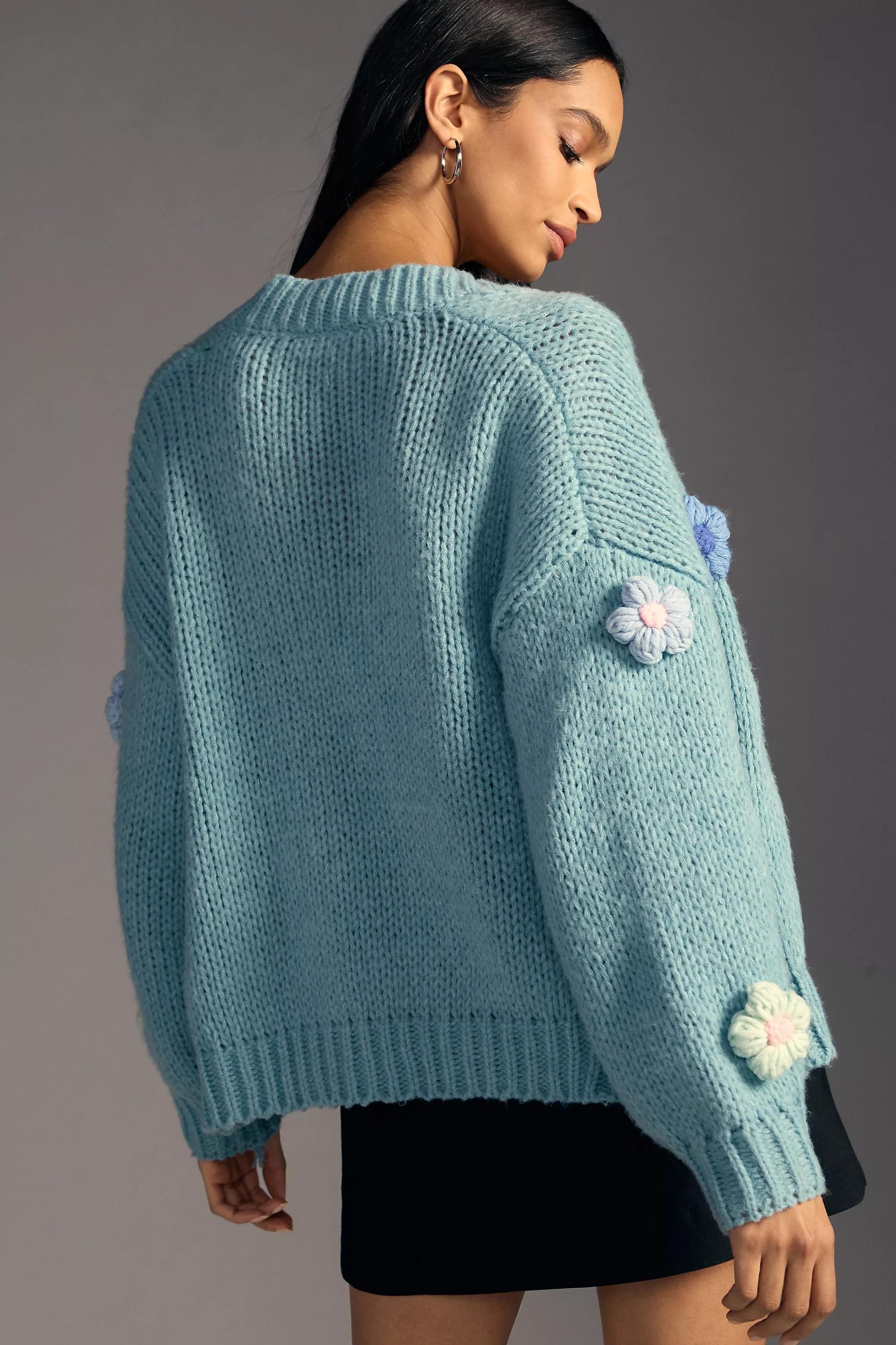 Chunky 3D Floral Knit Cardigan, Blue, A501_0040, large image number 4