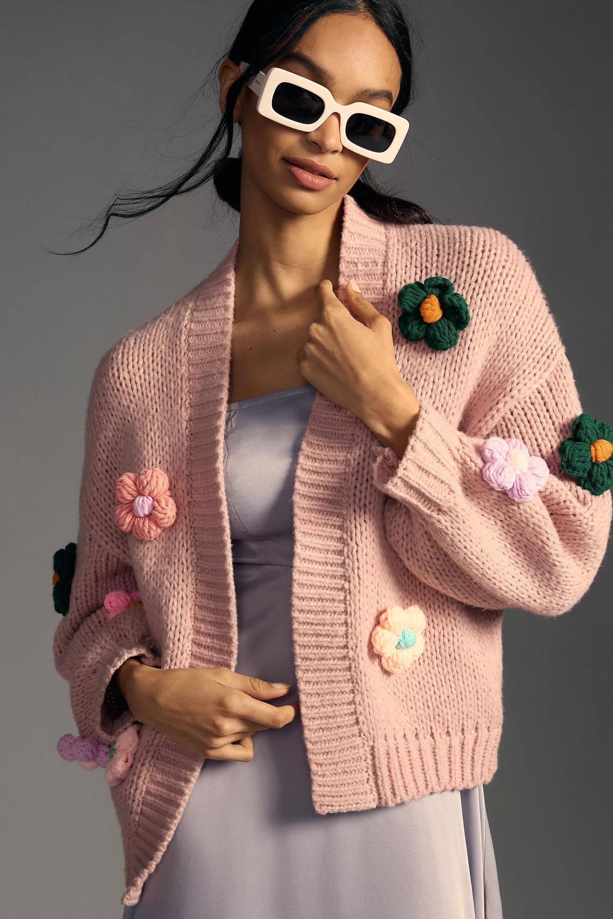 By Anthropologie Chunky 3D Floral Knit Cardigan, Pink, A501_0066, large image number 0