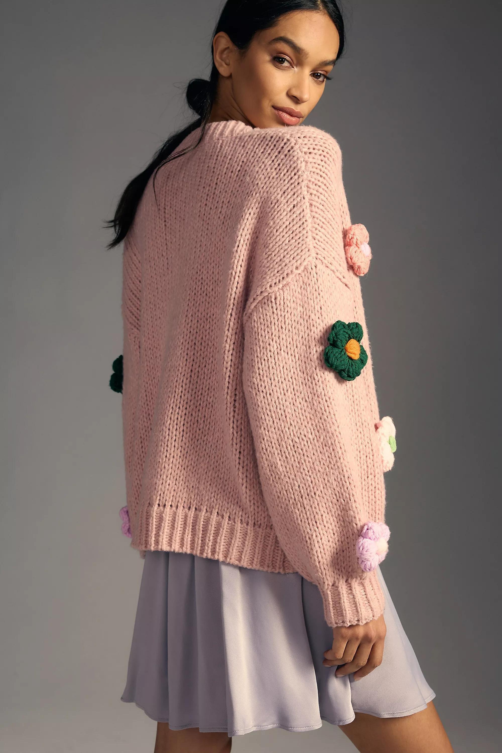 By Anthropologie Chunky 3D Floral Knit Cardigan, Pink, A501_0066, large image number 1