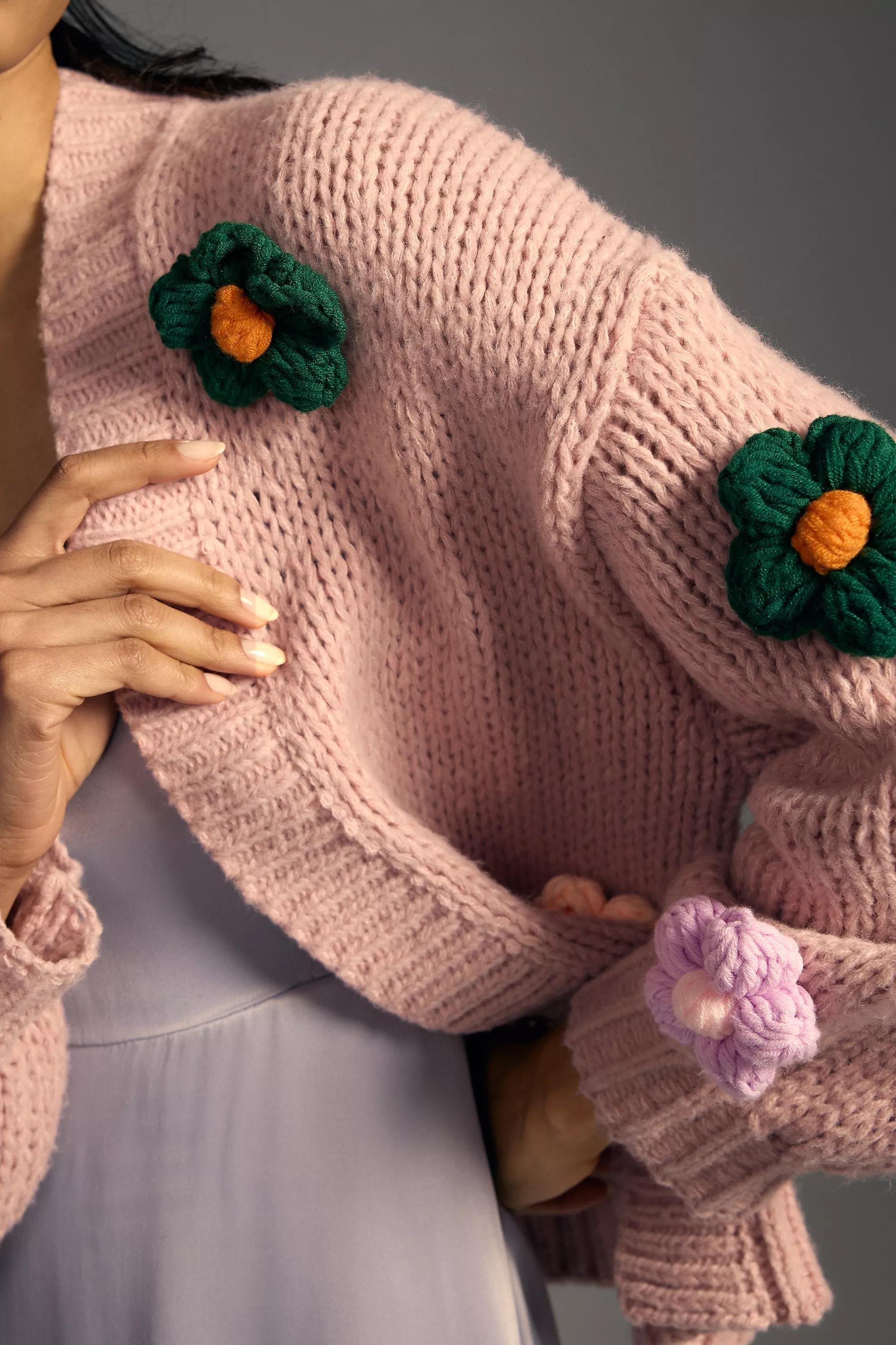 By Anthropologie Chunky 3D Floral Knit Cardigan, Pink, A501_0066, large image number 3