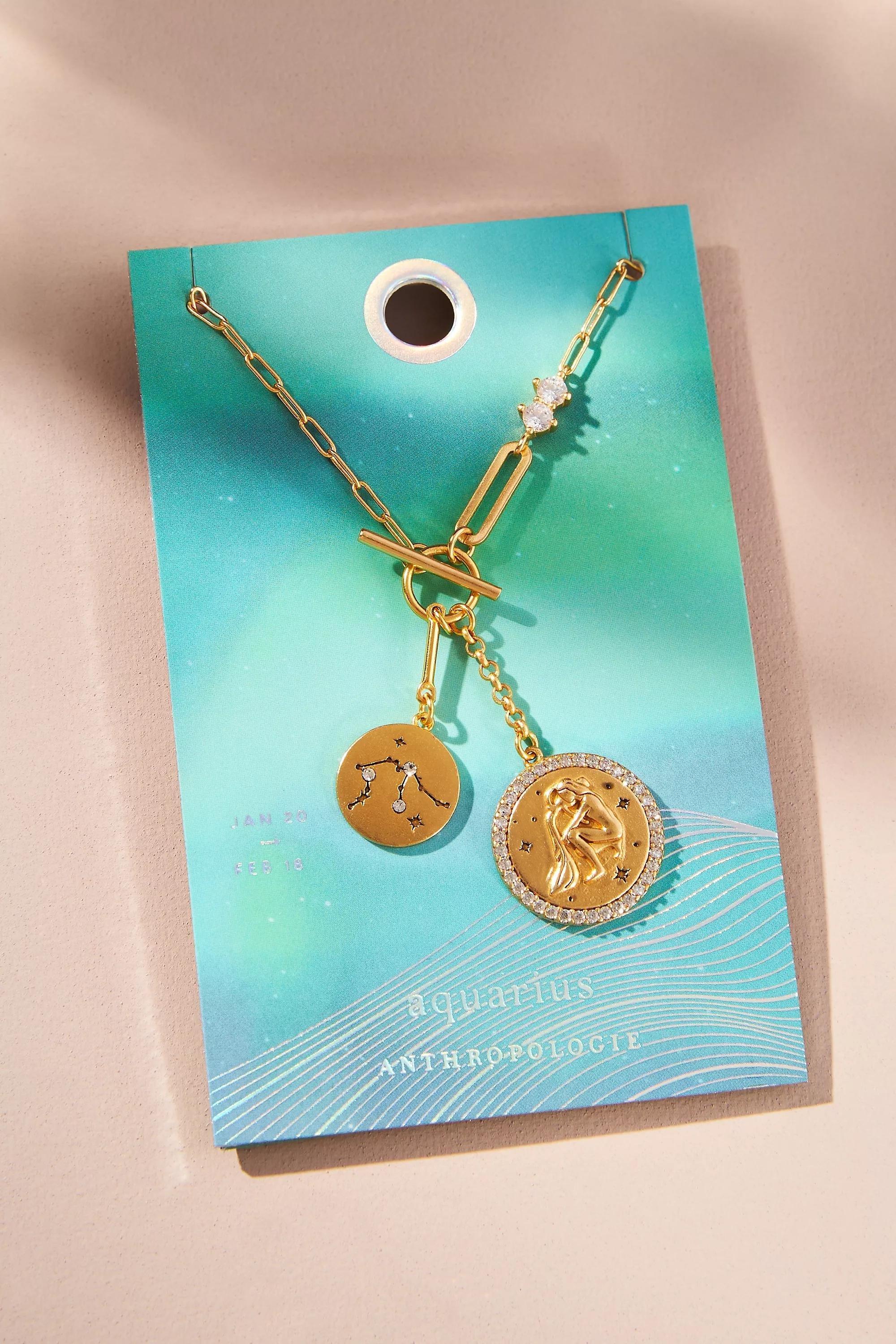 Aquarius Zodiac Pendant Necklace, Gold, A501_0811, medium