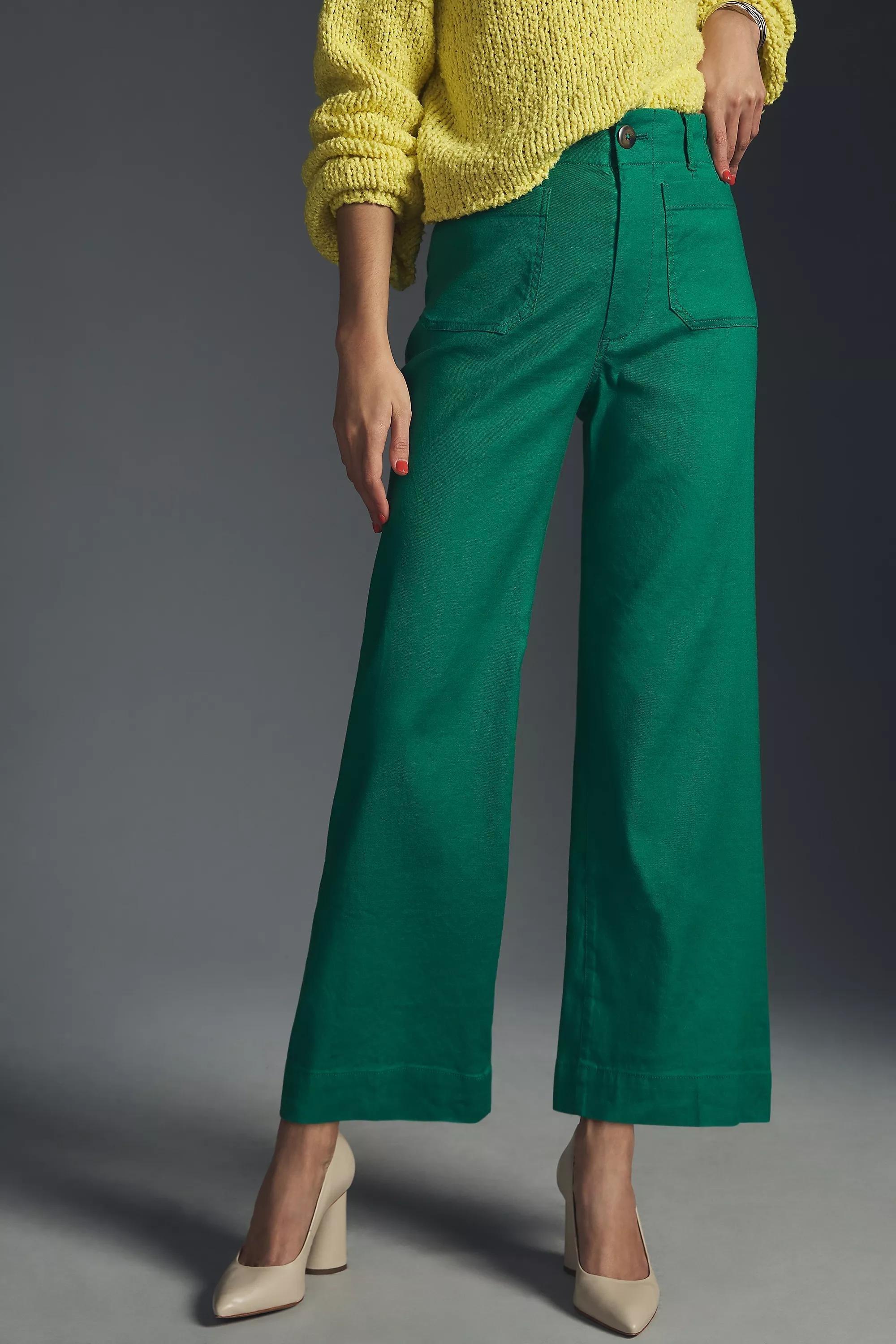 By Maeve The Colette Cropped Wide-Leg Linen Trousers, Green, , large image number 1