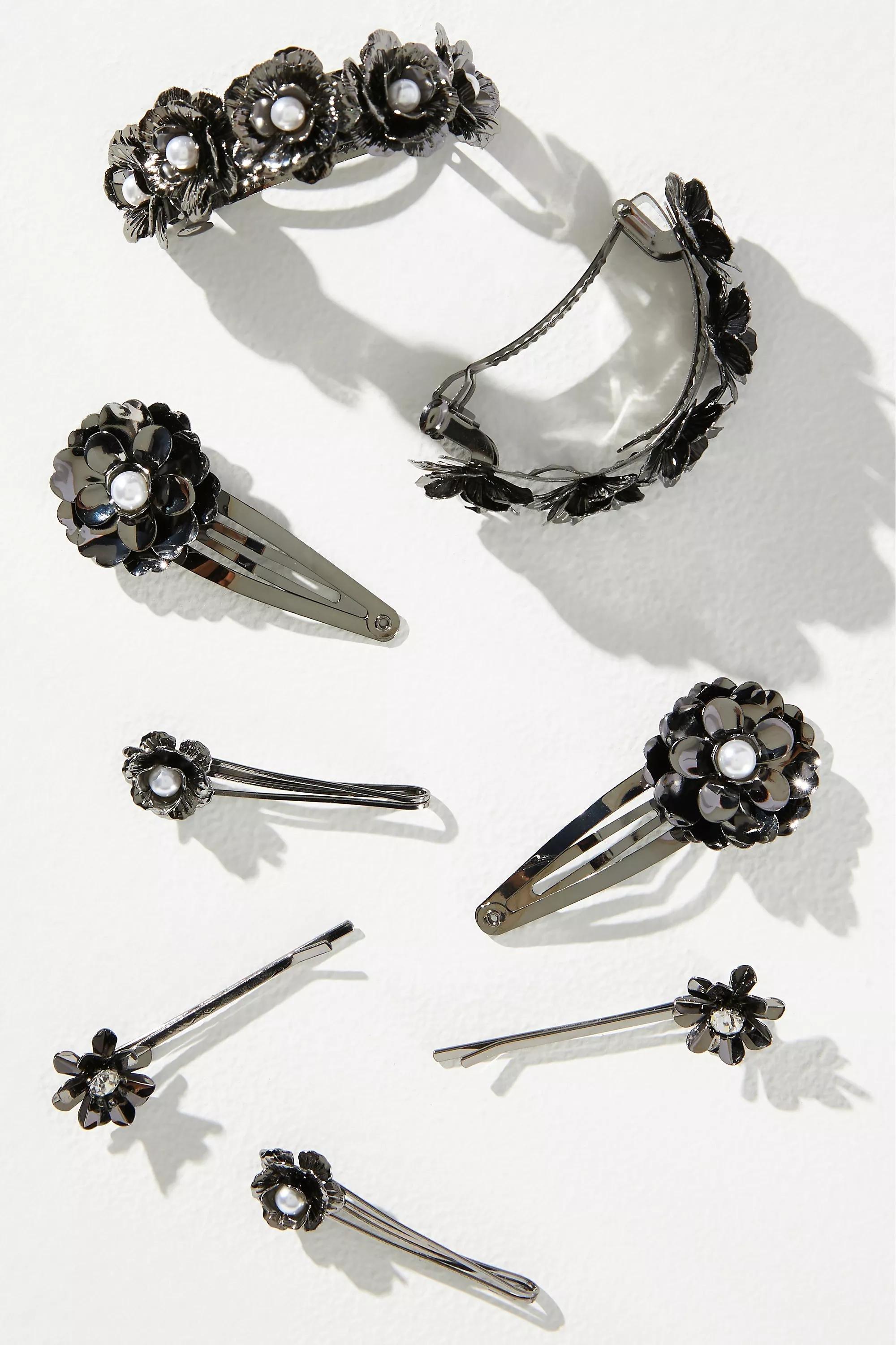 Floral Hair Clips, Set Of 8, Black, A501_0001, large image number 2