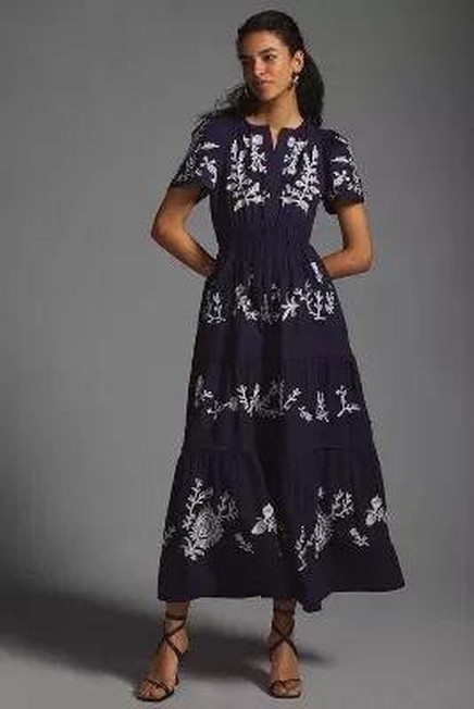 Anthropologie - The Somerset Maxi Dress: Embroidered Edition, Navy